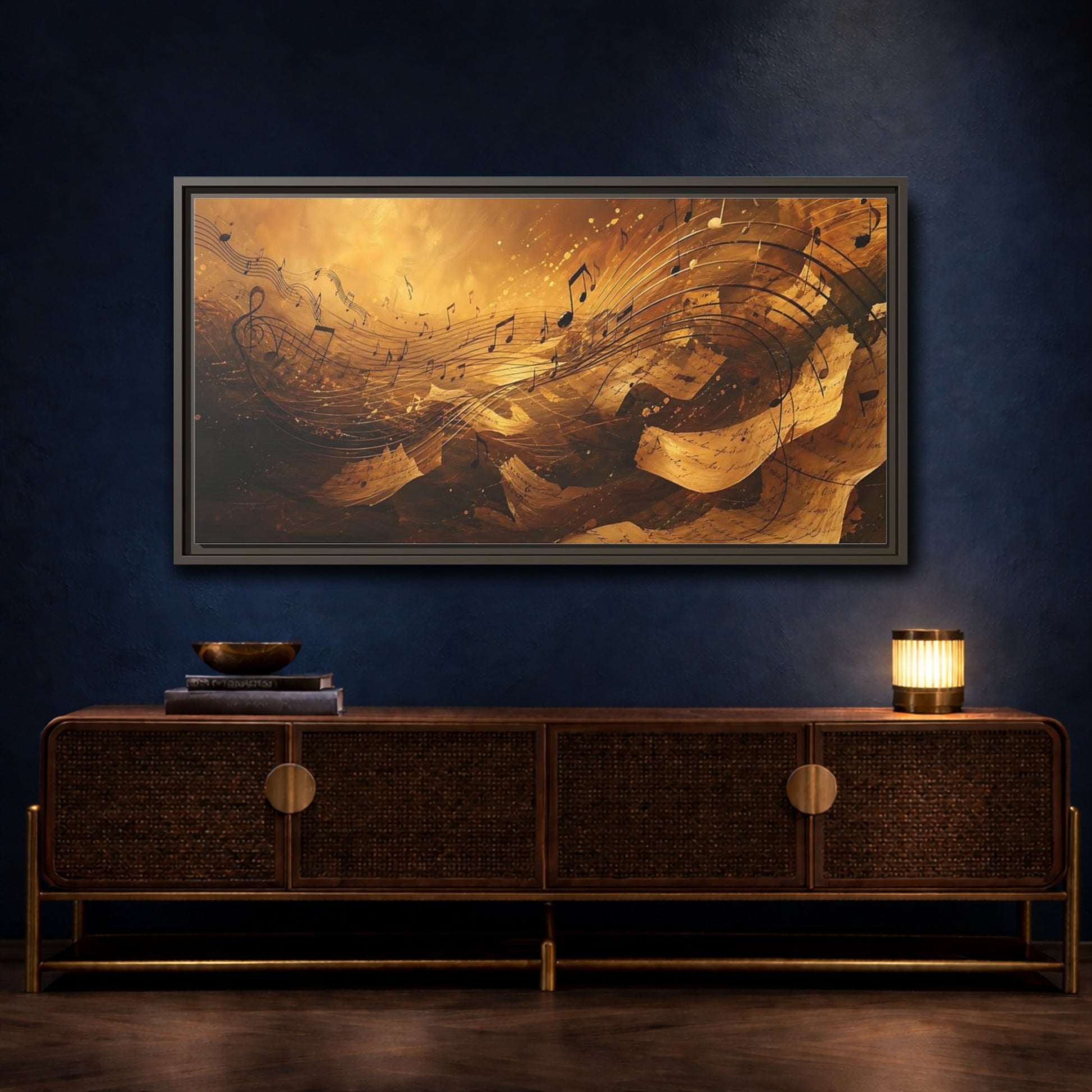 Mockup 4. Melody In Gold shown as framed canvas print