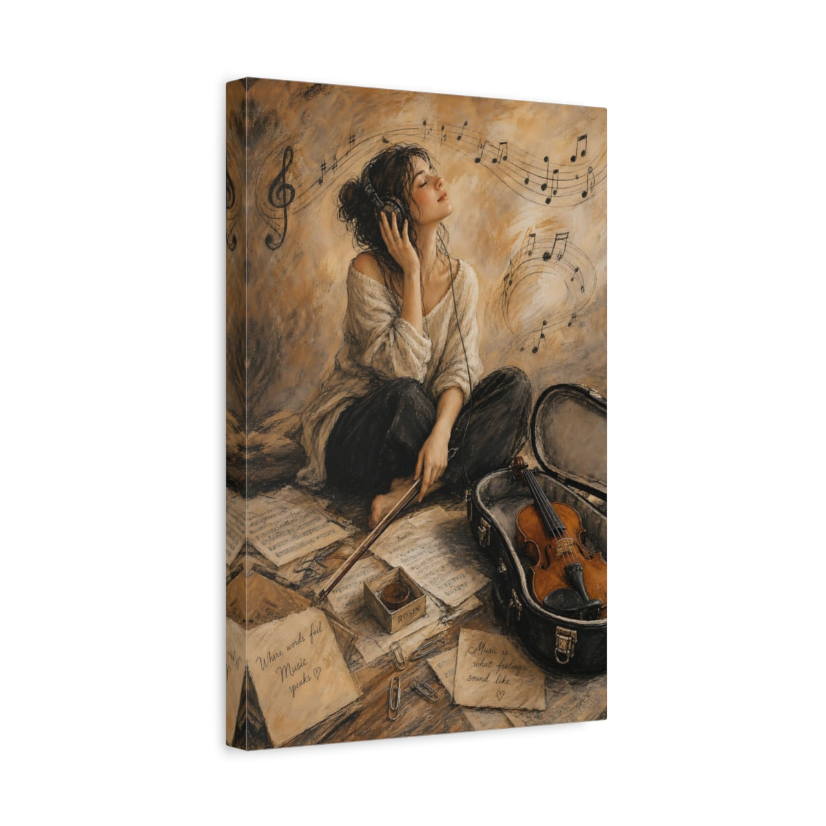 Side Mockup 4. Melody In Sepia shown as canvas print