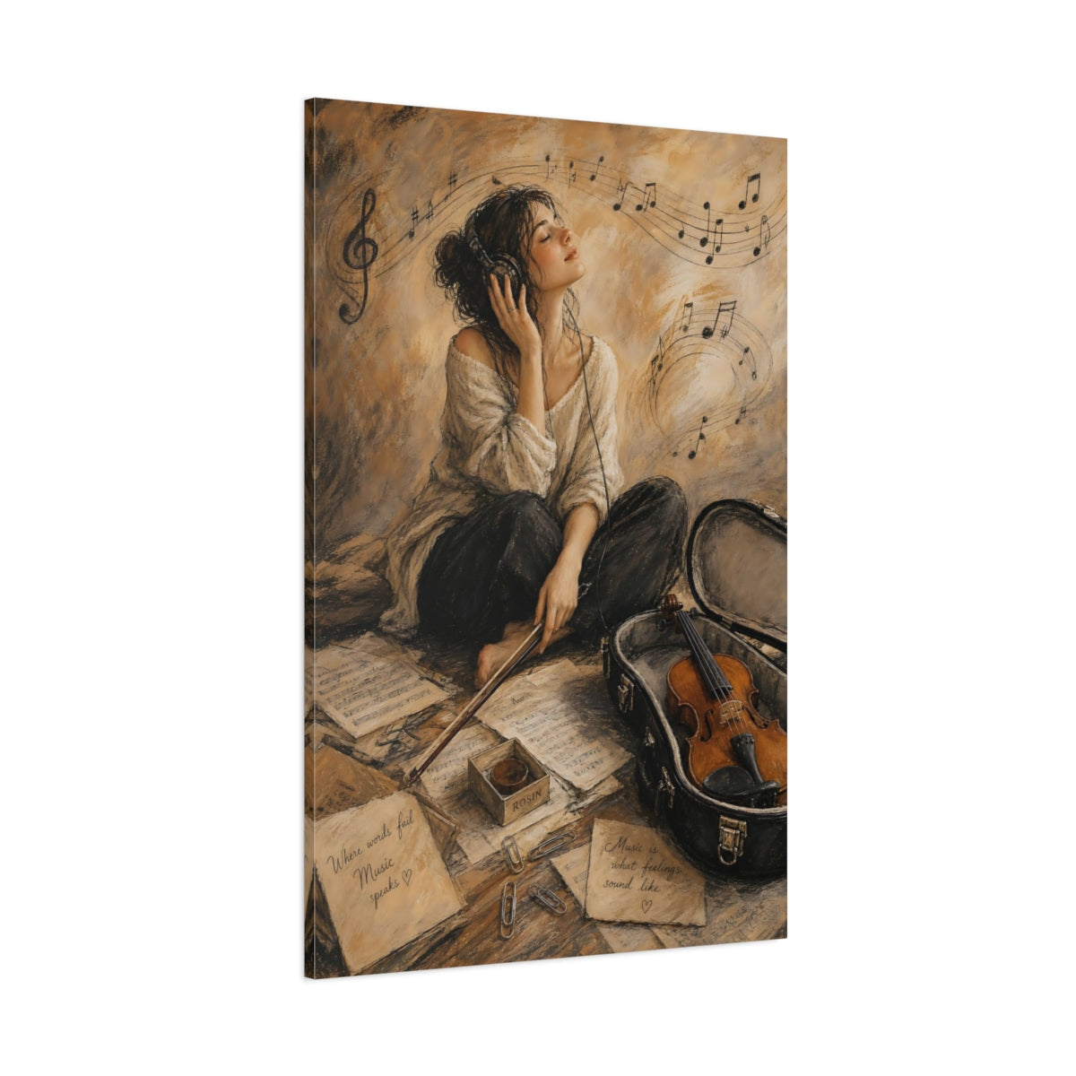 Side Mockup 1. Melody In Sepia shown as canvas print