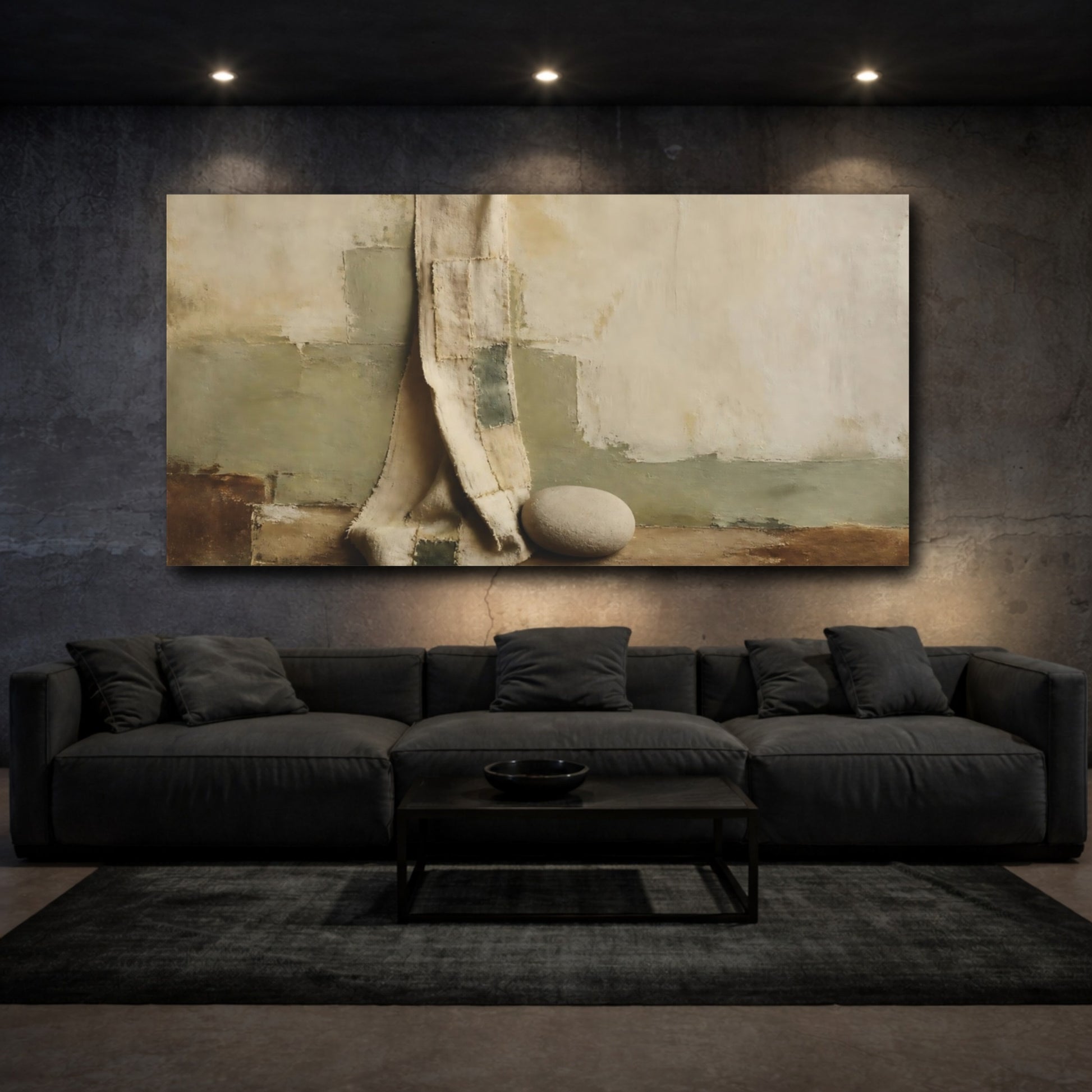 Mockup 3. Mended Linen And Stone shown as canvas print