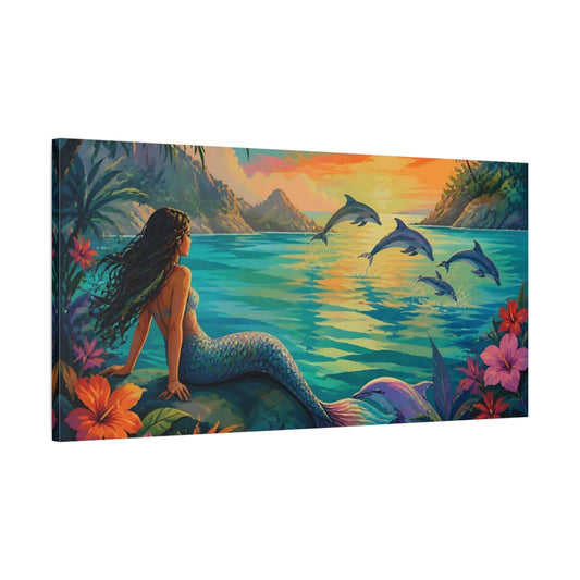Main Mockup. Mermaid At Sunset Lagoon shown as canvas print
