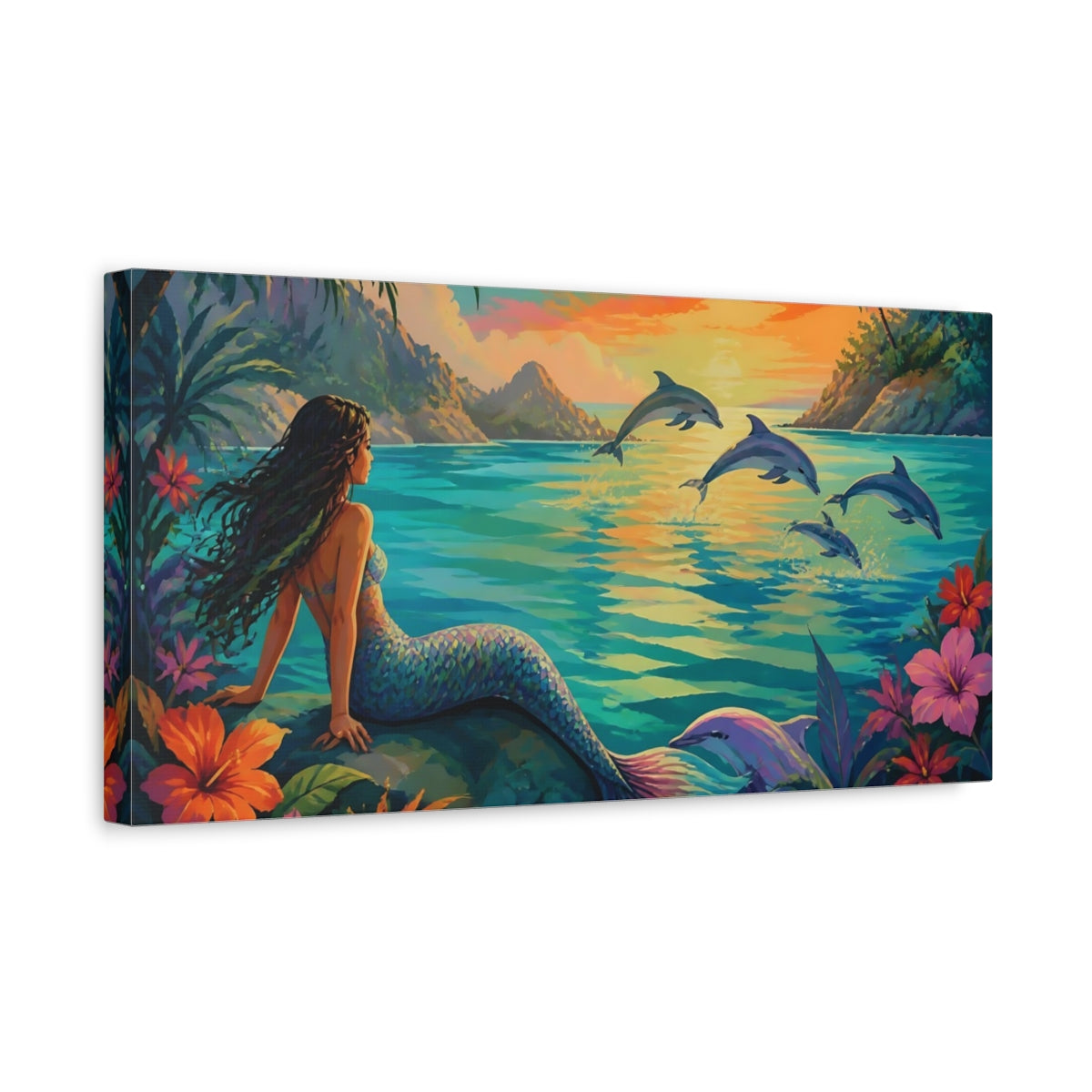 Side Mockup 3. Mermaid At Sunset Lagoon shown as canvas print