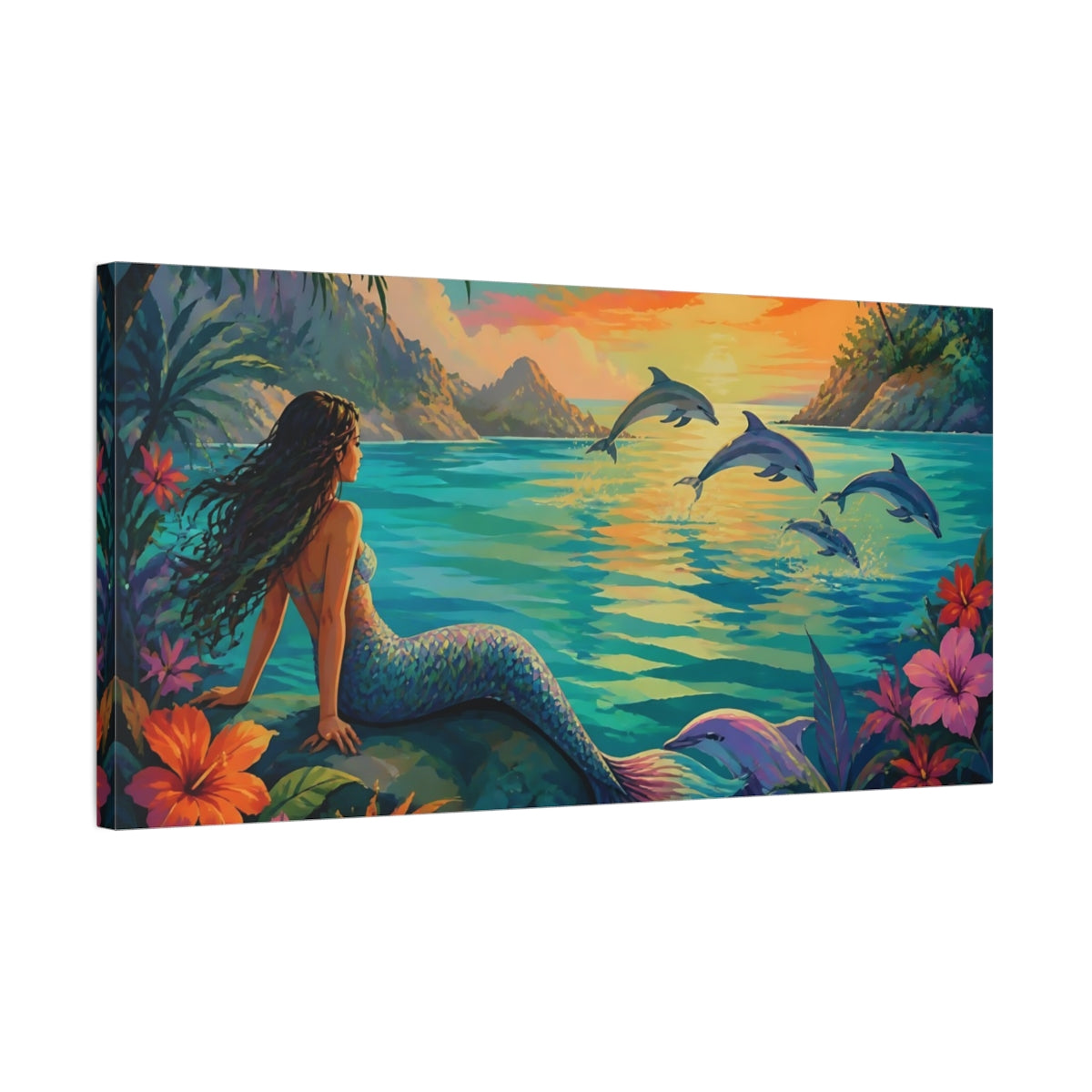 Side Mockup 1. Mermaid At Sunset Lagoon shown as canvas print