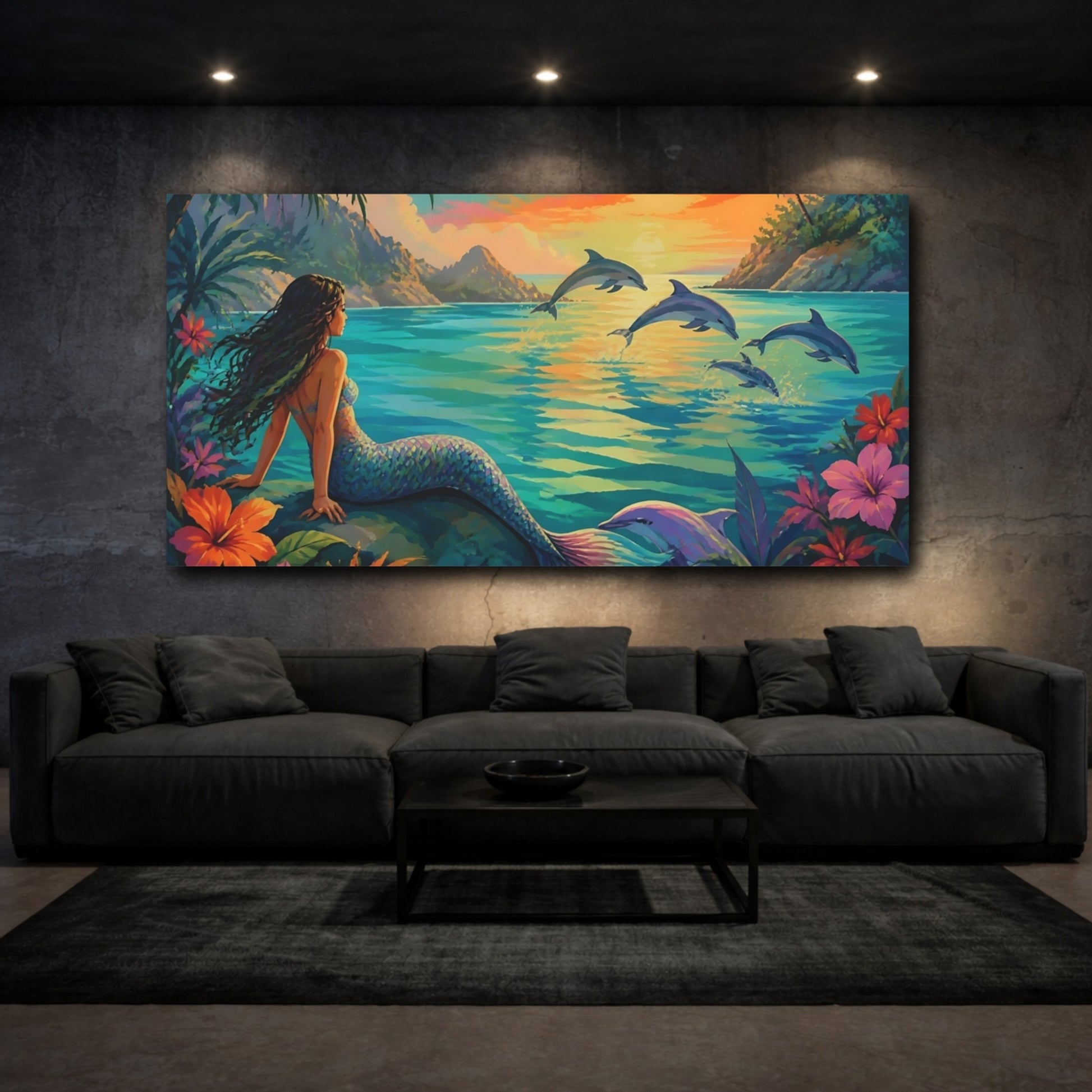 Mockup 3. Mermaid At Sunset Lagoon shown as canvas print