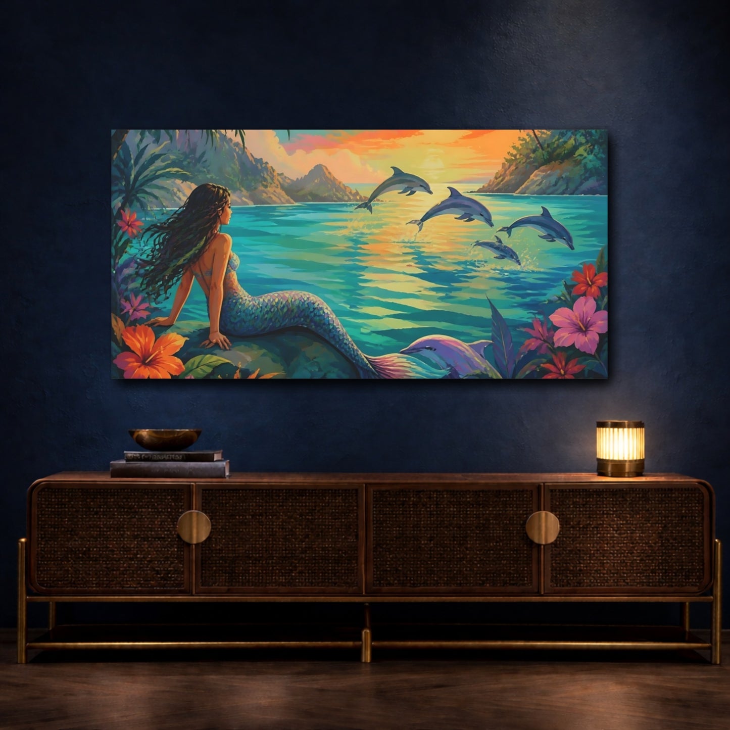 Mockup 4. Mermaid At Sunset Lagoon shown as canvas print