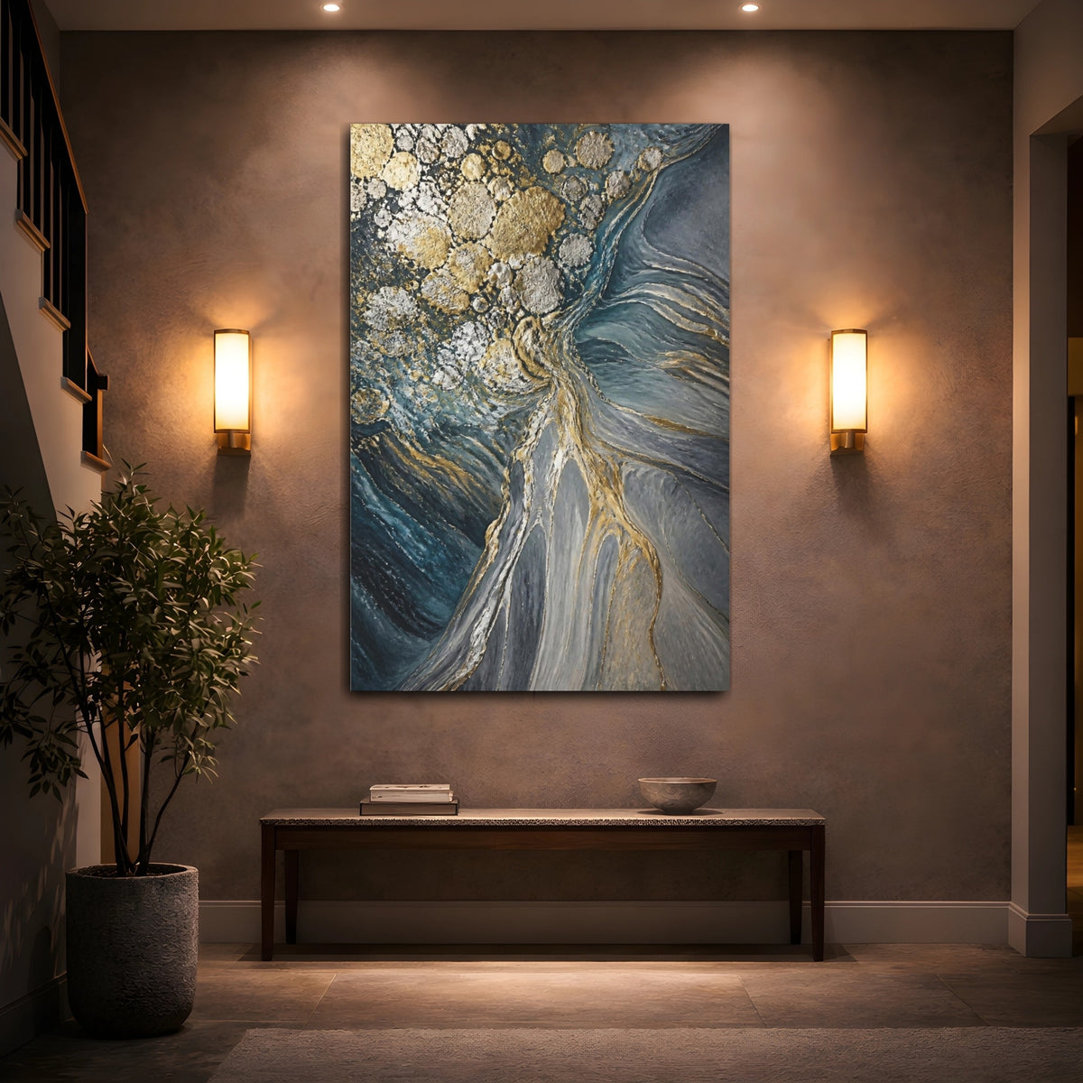 Mockup 2. Metallic Orbs Abstract Accent shown as canvas print