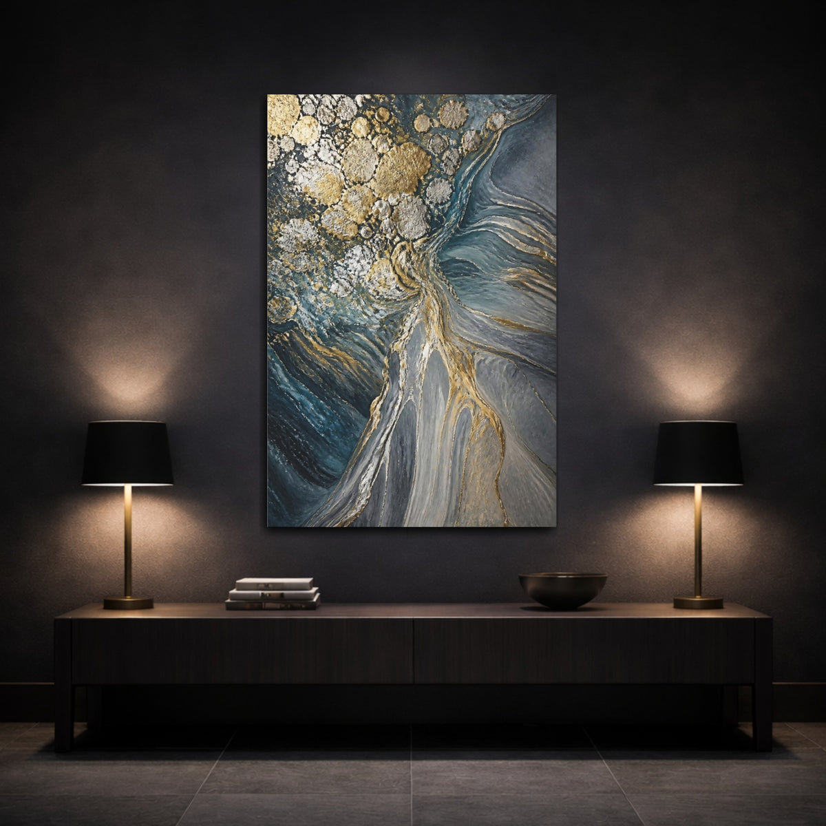 Mockup 3. Metallic Orbs Abstract Accent shown as canvas print