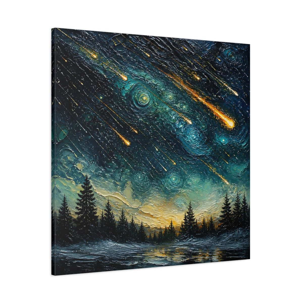 Side Mockup 1. Meteor Shower Over Pines shown as canvas print