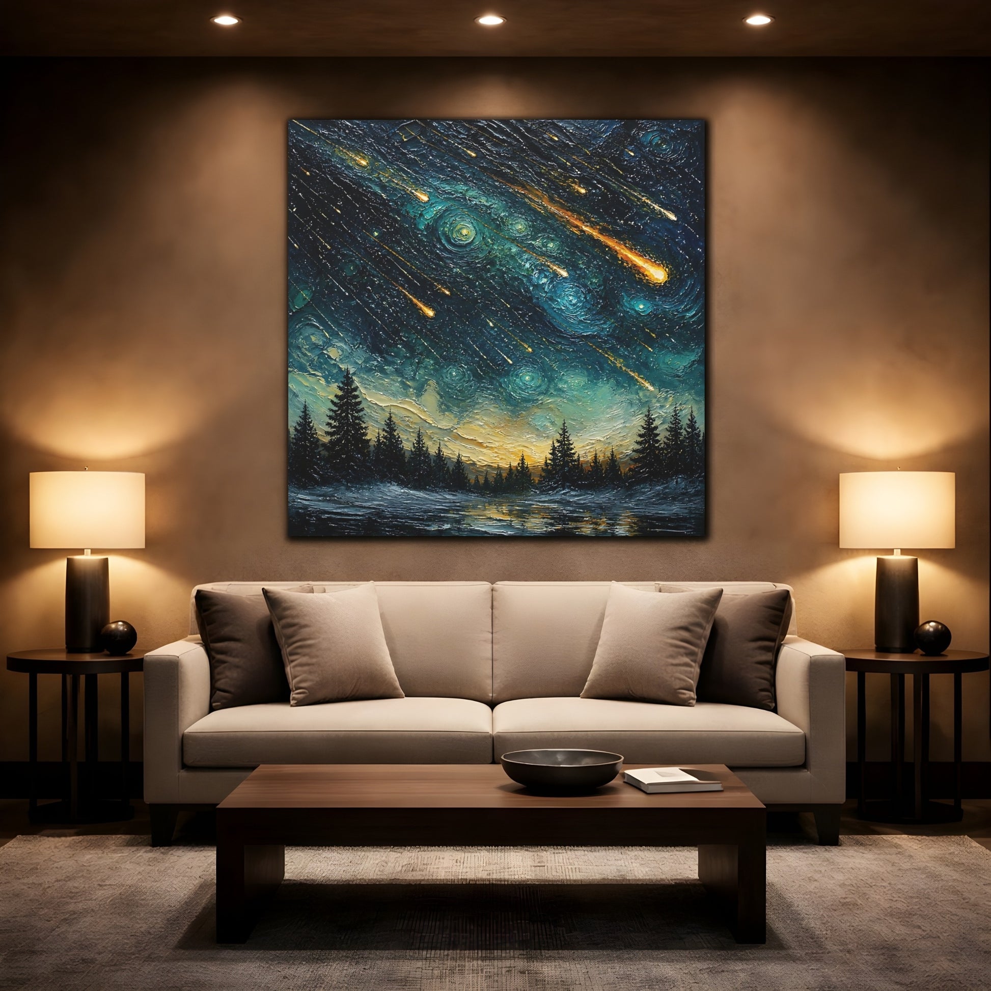 Mockup 2. Meteor Shower Over Pines shown as canvas print
