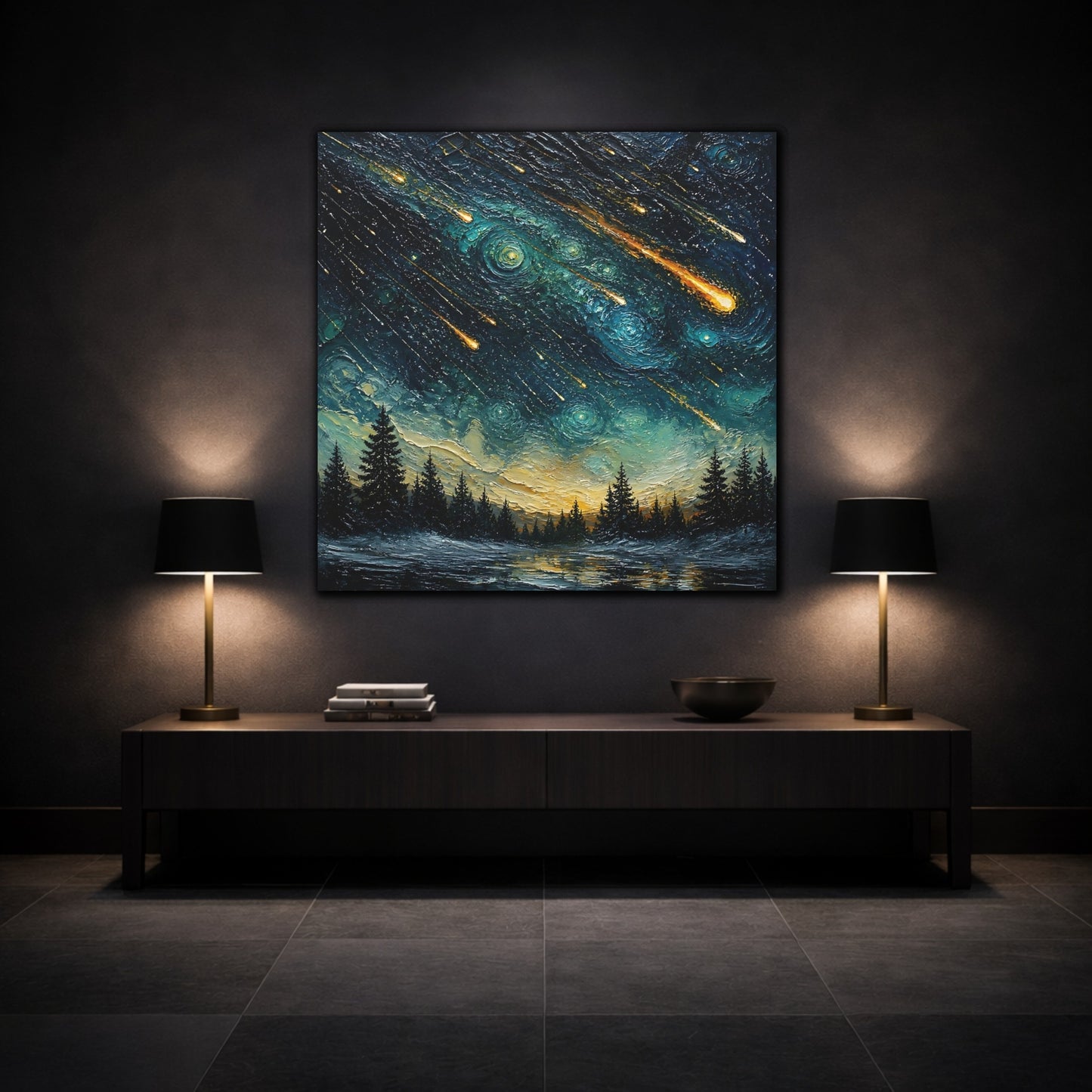 Mockup 3. Meteor Shower Over Pines shown as canvas print