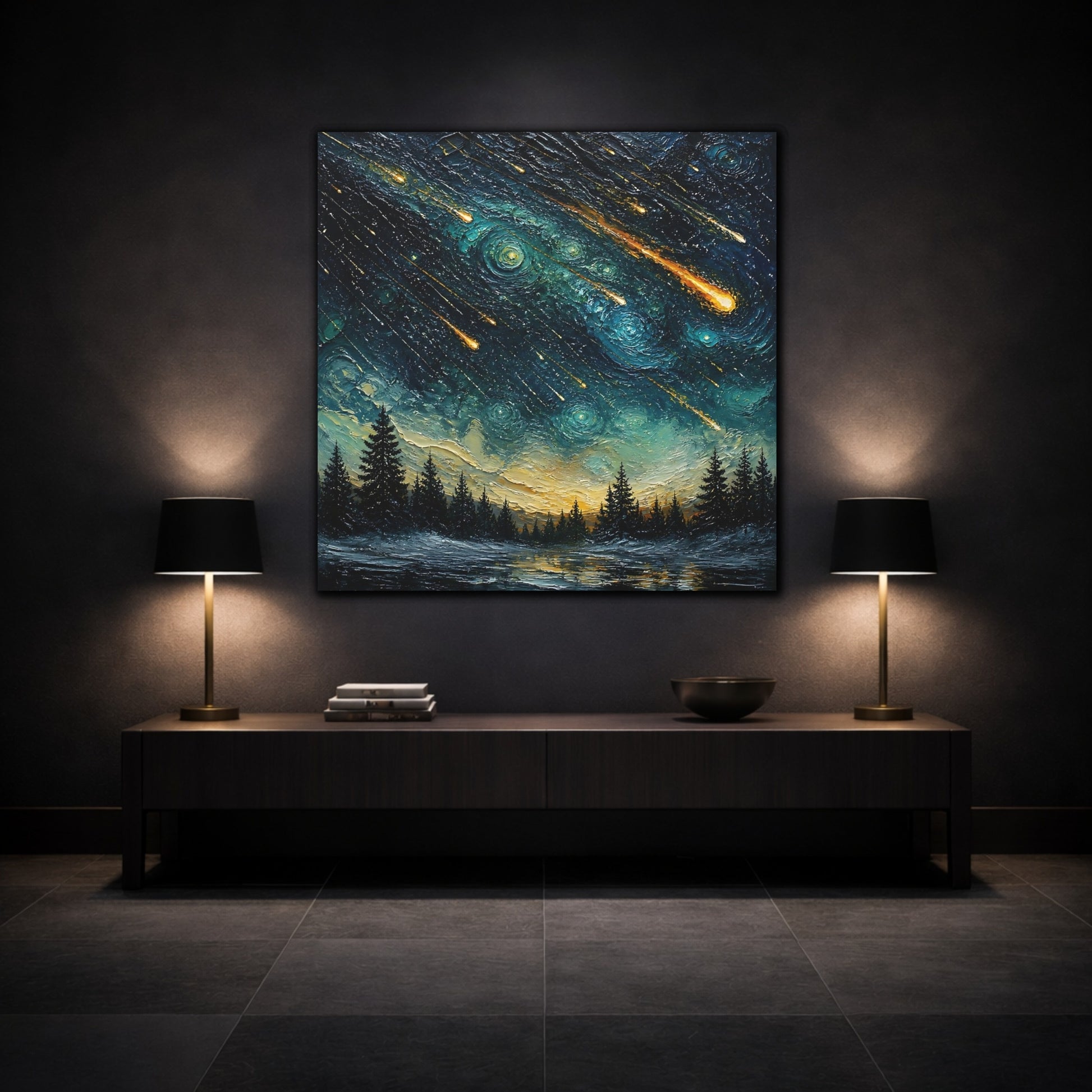 Mockup 3. Meteor Shower Over Pines shown as canvas print