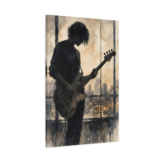 Main Mockup. Midnight Bassist Silhouette shown as canvas print