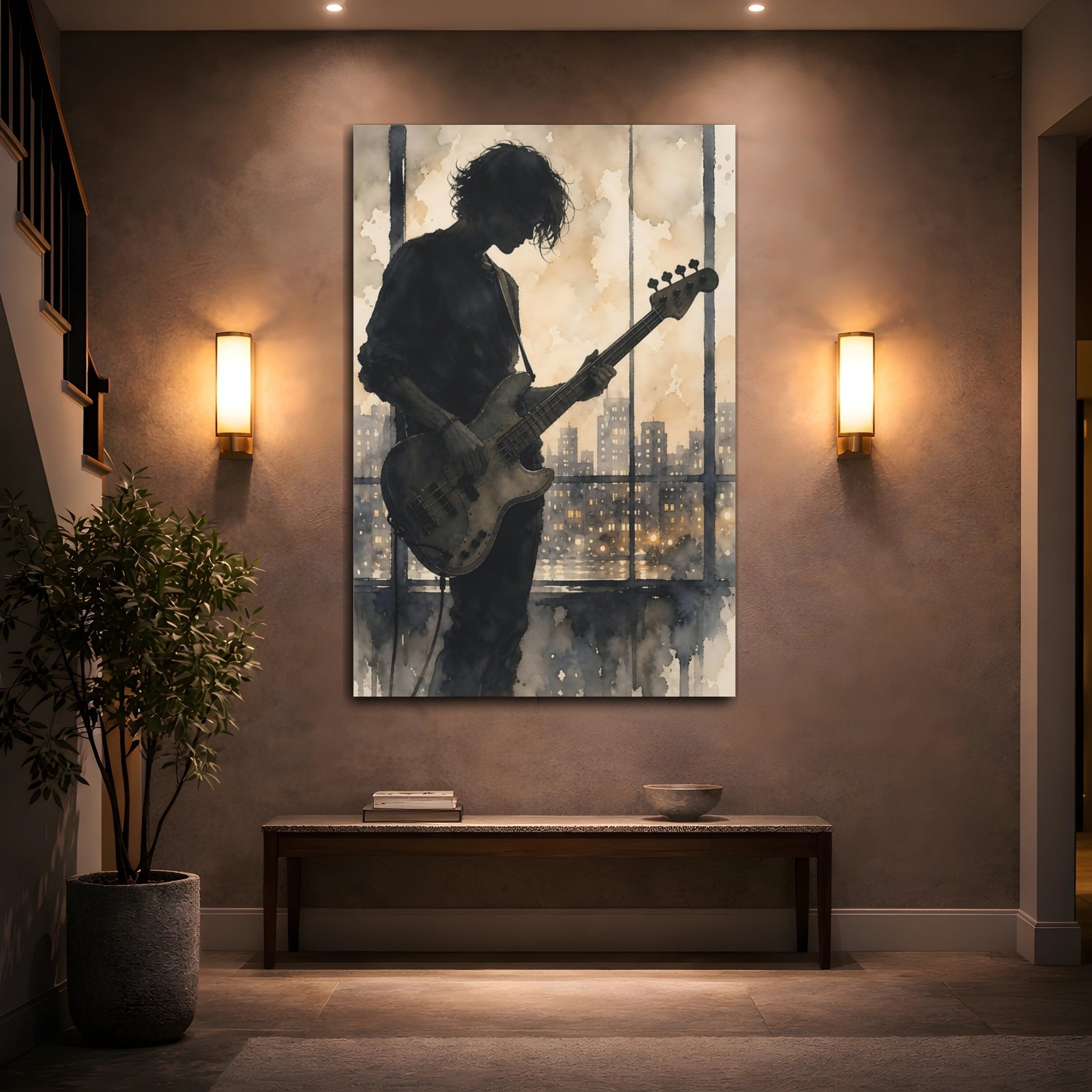 Mockup 2. Midnight Bassist Silhouette shown as canvas print