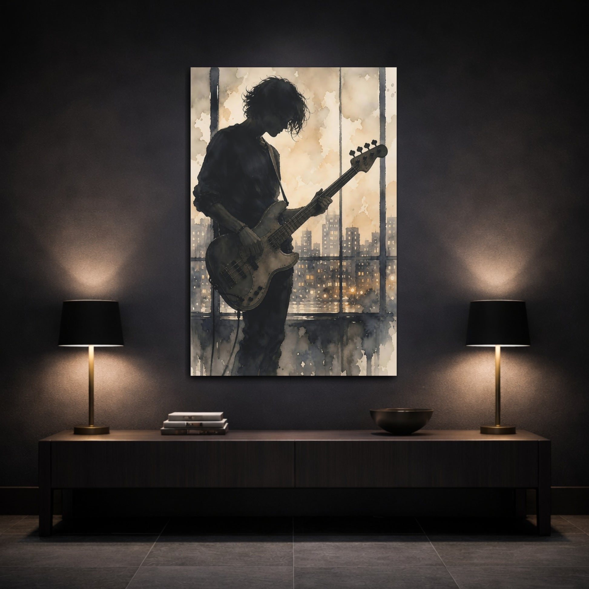 Mockup 3. Midnight Bassist Silhouette shown as canvas print