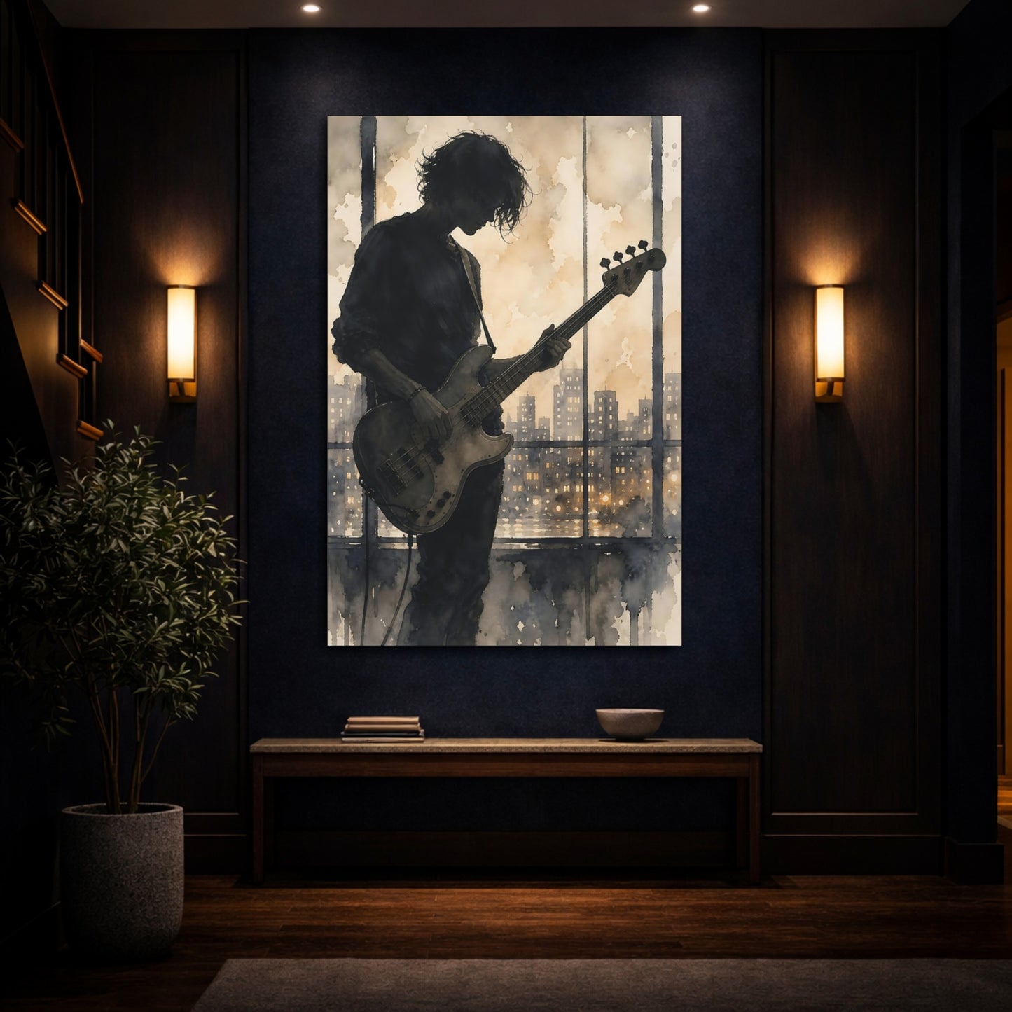 Mockup 4. Midnight Bassist Silhouette shown as canvas print