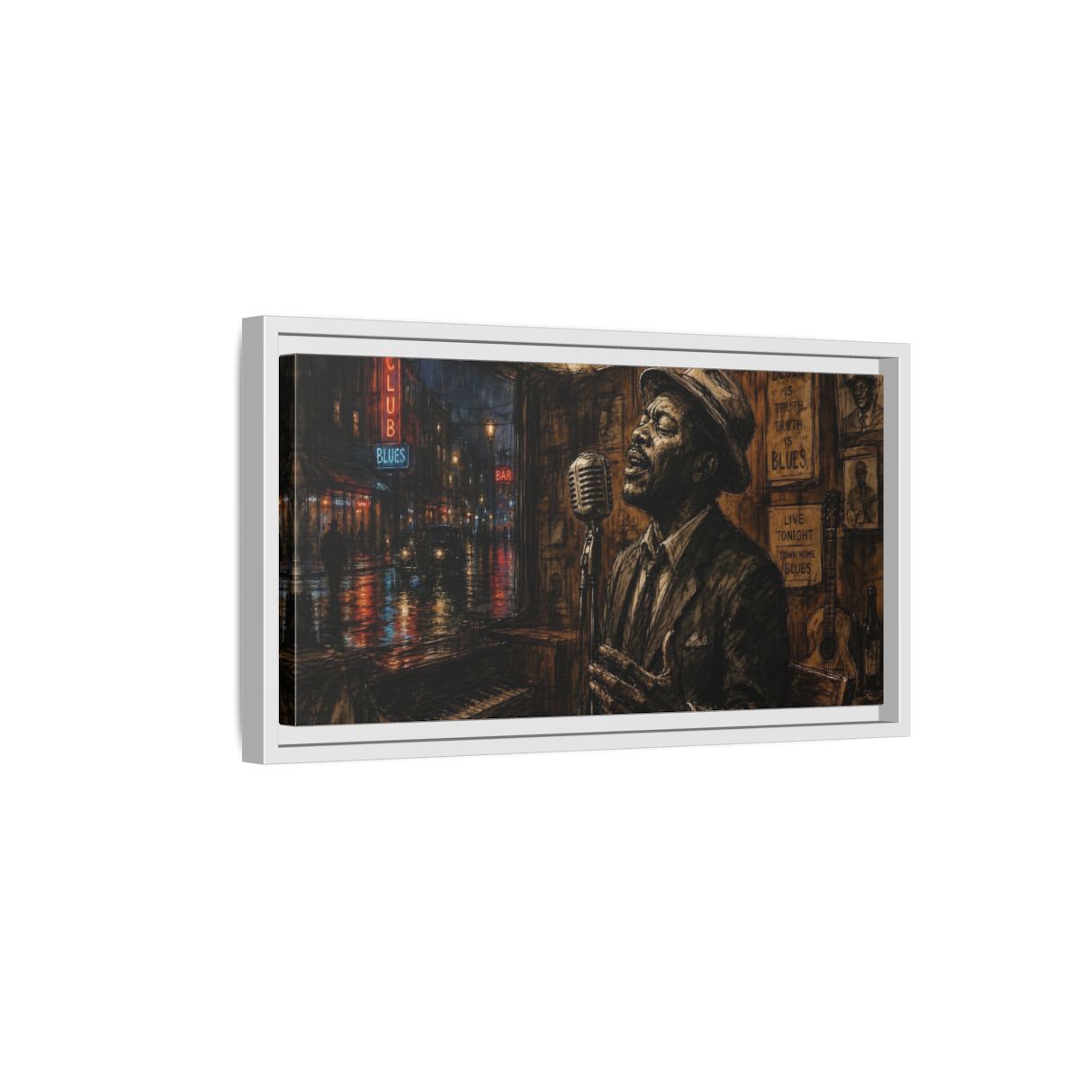 Side Mockup 6. Midnight Blues Singer shown as framed canvas print