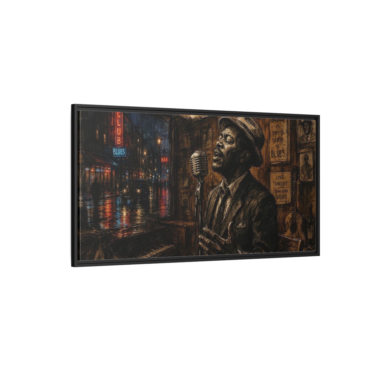 Side Mockup 5. Midnight Blues Singer shown as framed canvas print