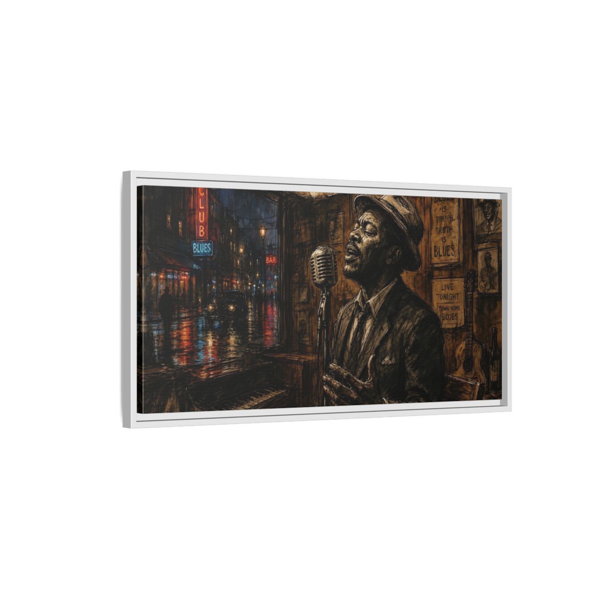 Side Mockup 1. Midnight Blues Singer shown as framed canvas print