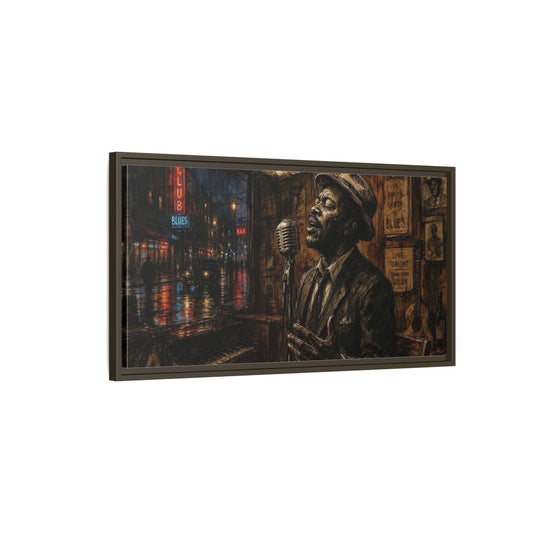 Main Mockup. Midnight Blues Singer shown as framed canvas print
