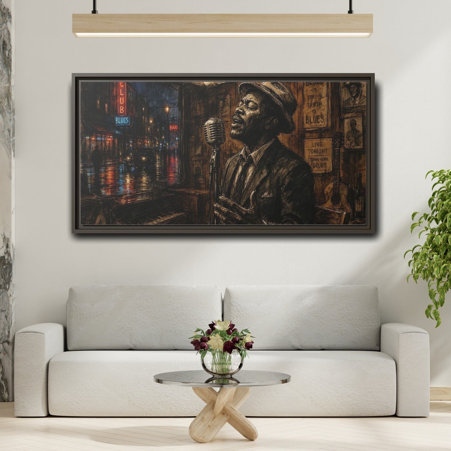 Mockup 2. Midnight Blues Singer shown as framed canvas print