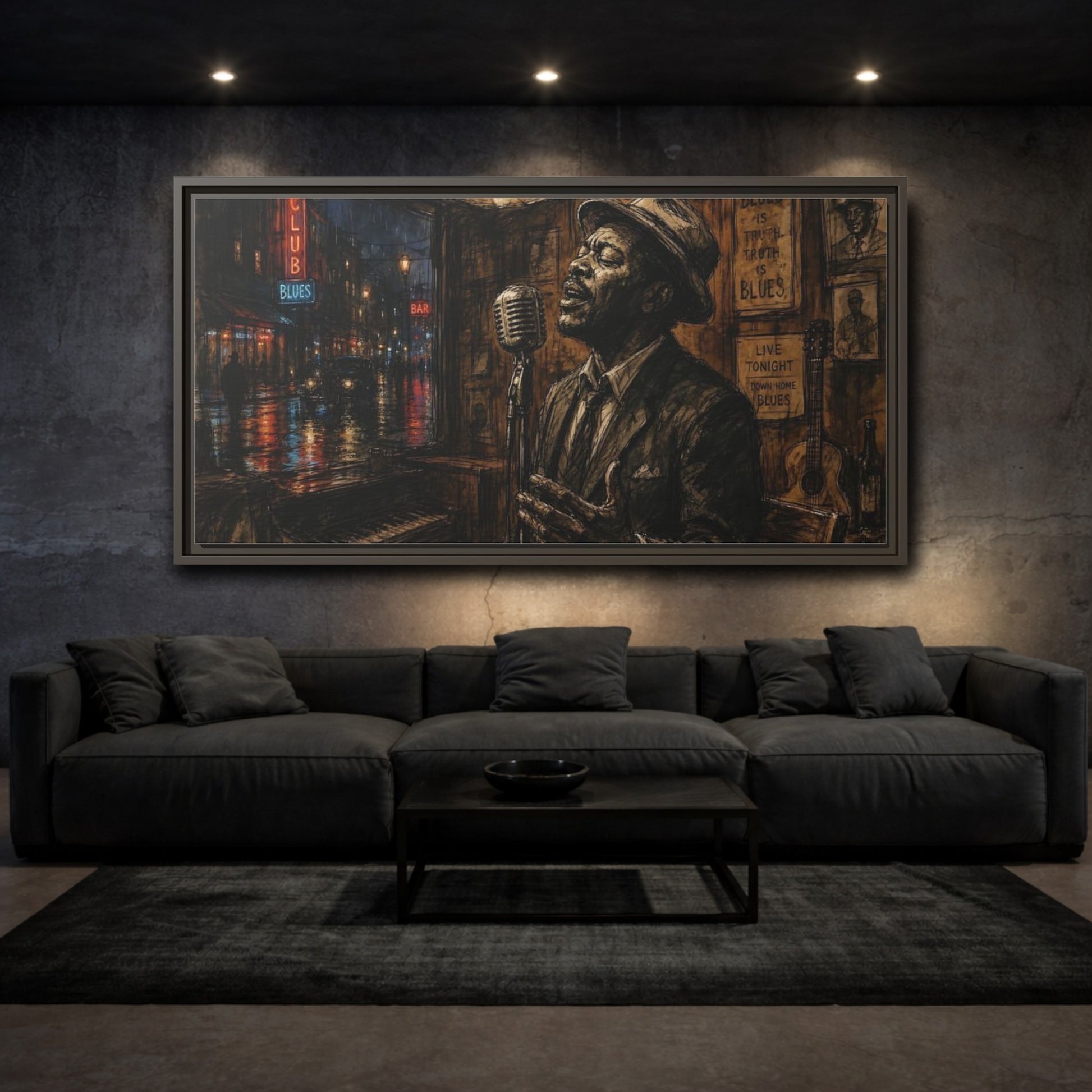 Mockup 3. Midnight Blues Singer shown as framed canvas print