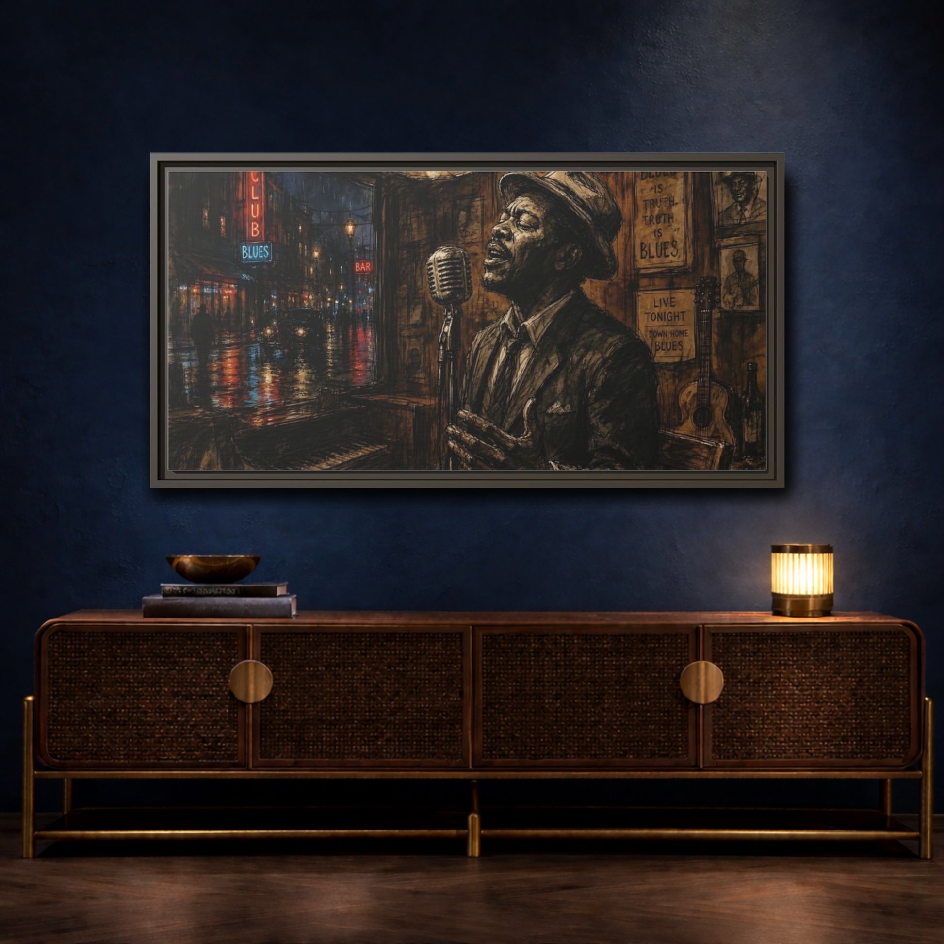 Mockup 4. Midnight Blues Singer shown as framed canvas print