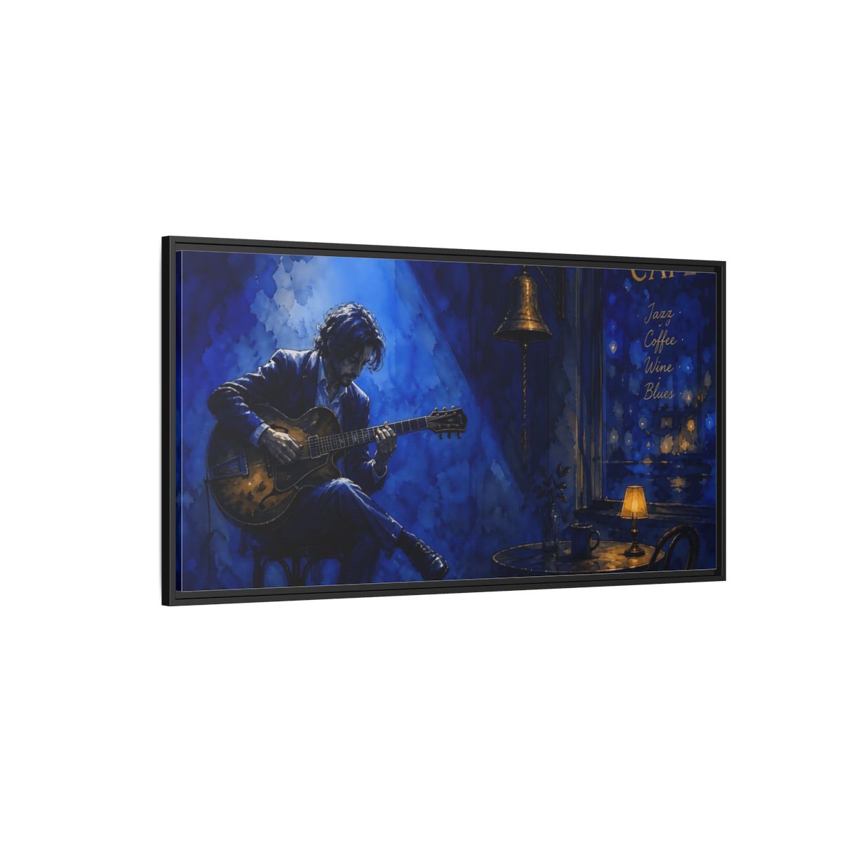 Side Mockup 5. Midnight Café Guitarist shown as framed canvas print