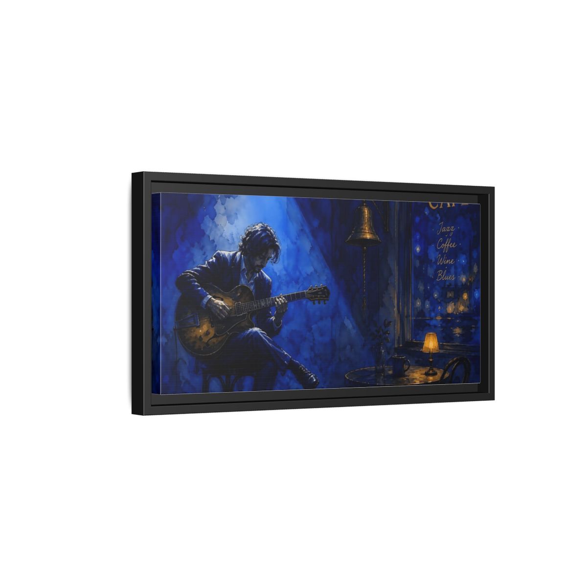Side Mockup 8. Midnight Café Guitarist shown as framed canvas print