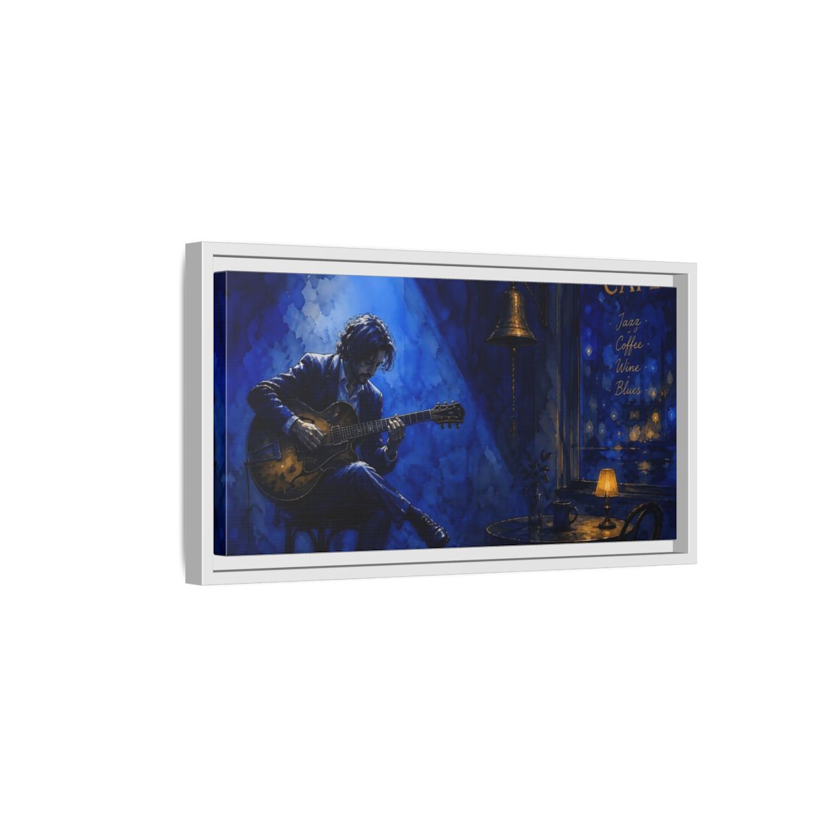 Side Mockup 6. Midnight Café Guitarist shown as framed canvas print