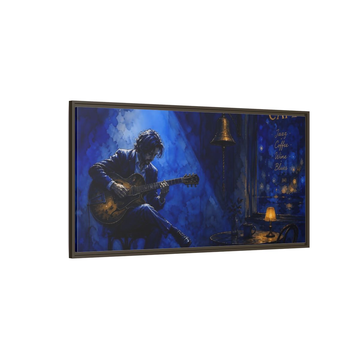 Side Mockup 4. Midnight Café Guitarist shown as framed canvas print