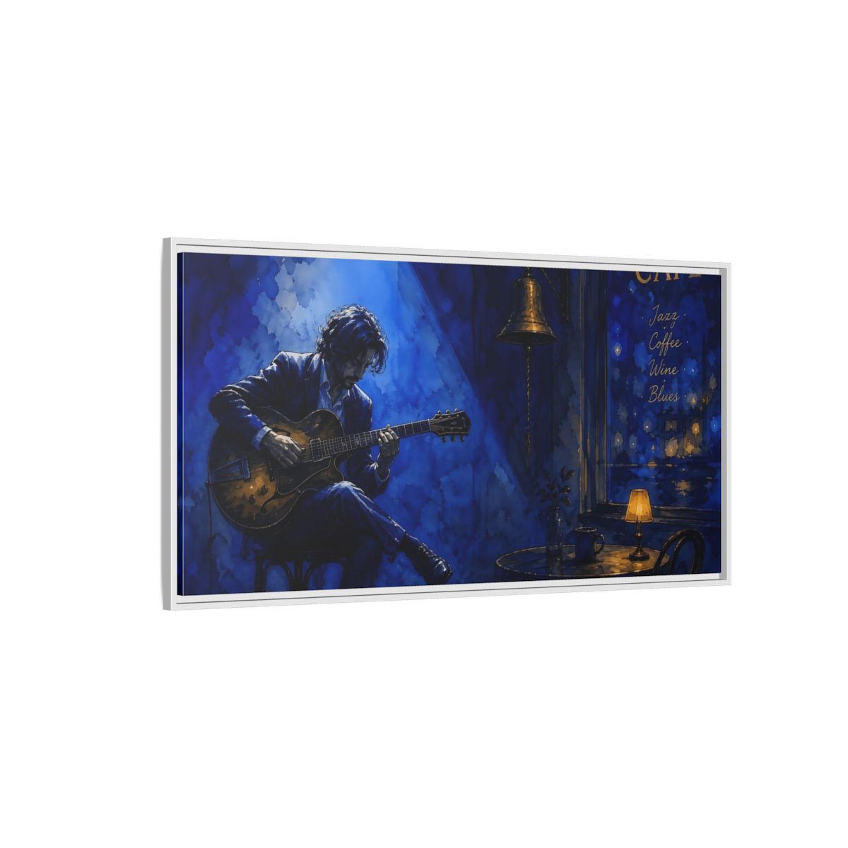 Side Mockup 3. Midnight Café Guitarist shown as framed canvas print