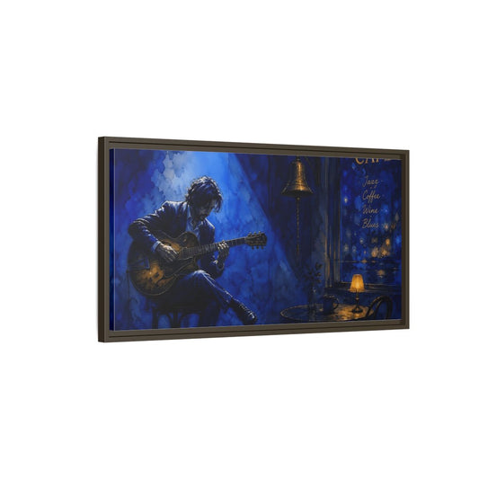 Main Mockup. Midnight Café Guitarist shown as framed canvas print
