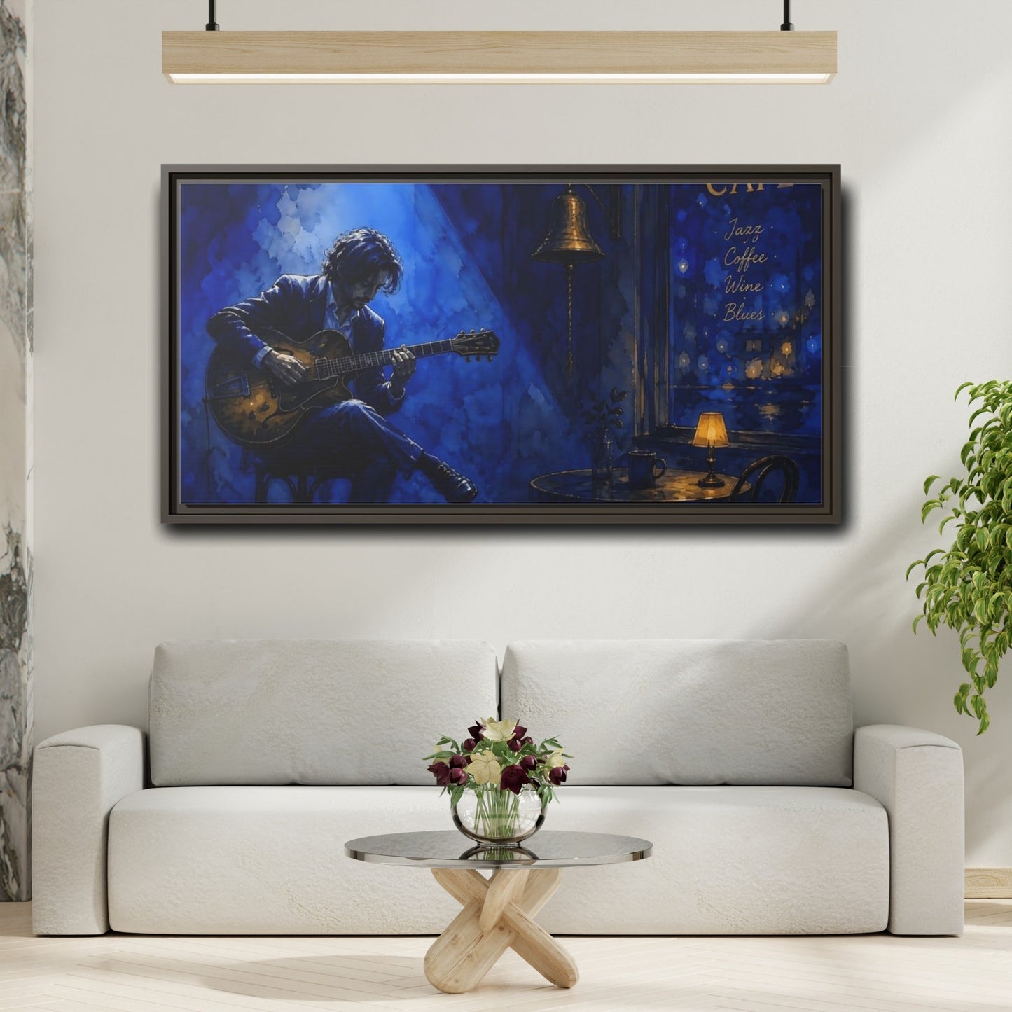 Mockup 2. Midnight Café Guitarist shown as framed canvas print