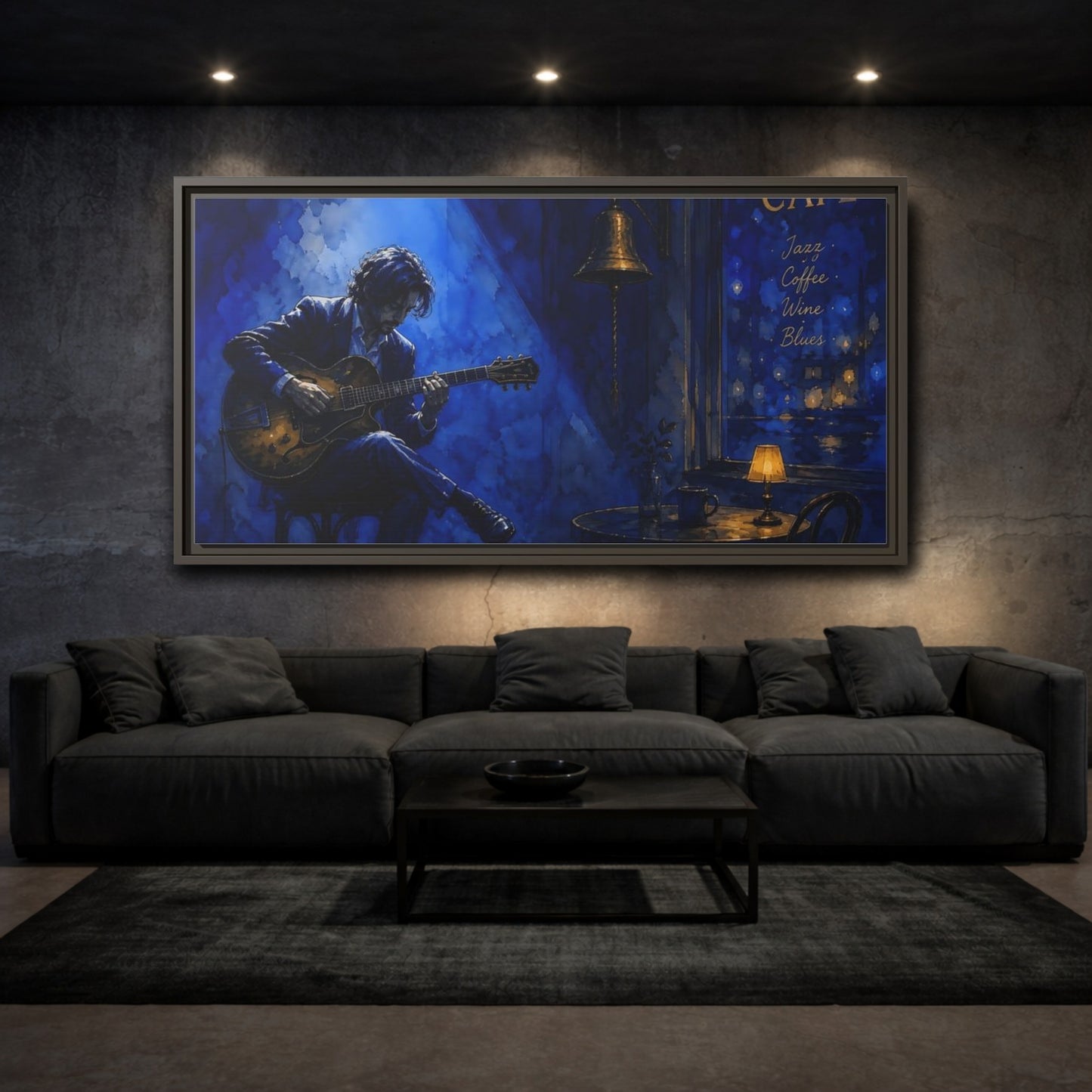 Mockup 3. Midnight Café Guitarist shown as framed canvas print