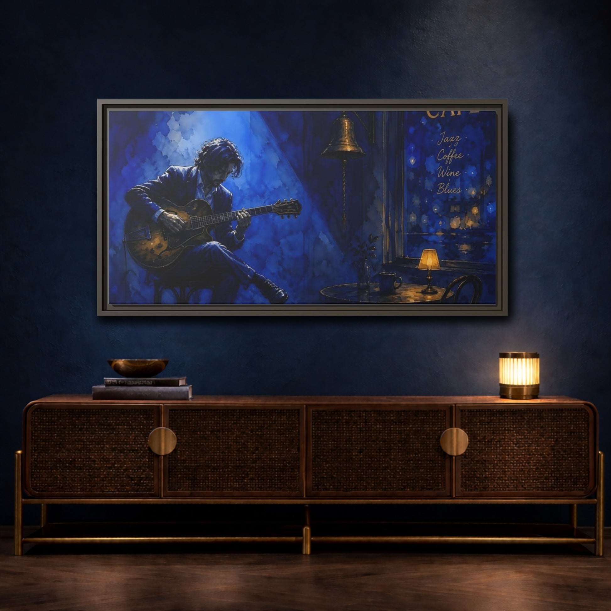 Mockup 4. Midnight Café Guitarist shown as framed canvas print