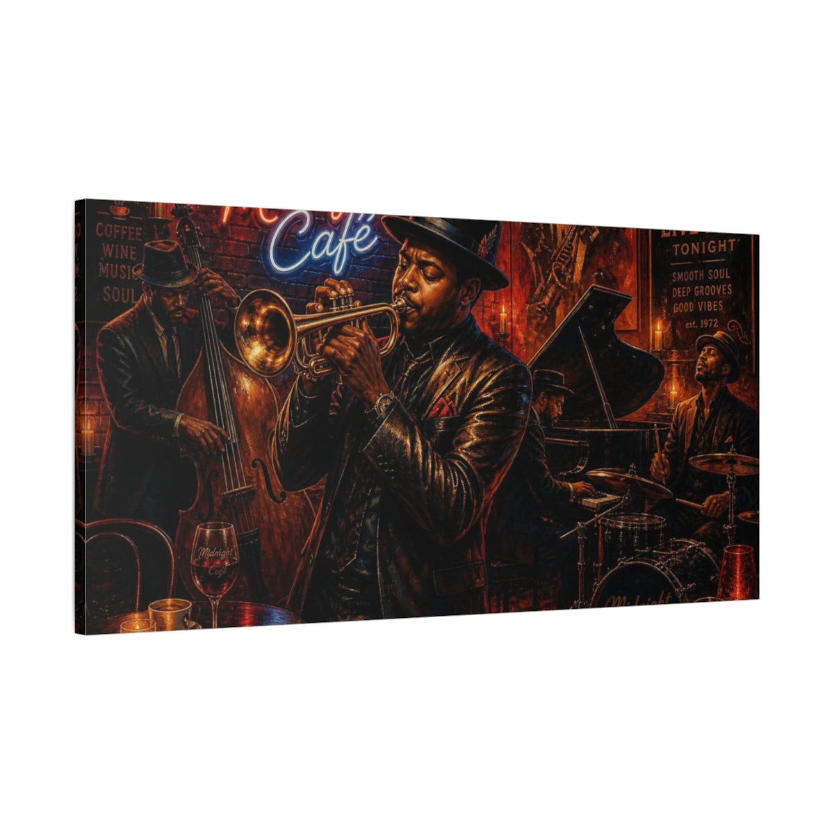 Main Mockup. Midnight Café Jazz Quartet shown as canvas print