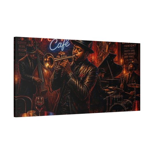 Main Mockup. Midnight Café Jazz Quartet shown as canvas print