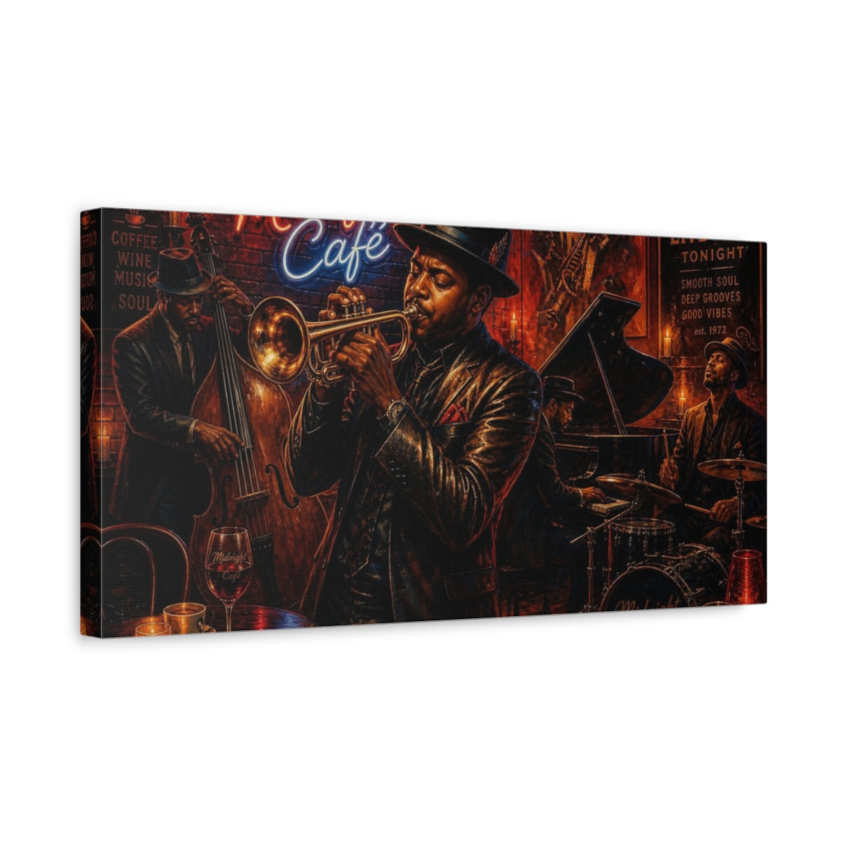 Side Mockup 3. Midnight Café Jazz Quartet shown as canvas print
