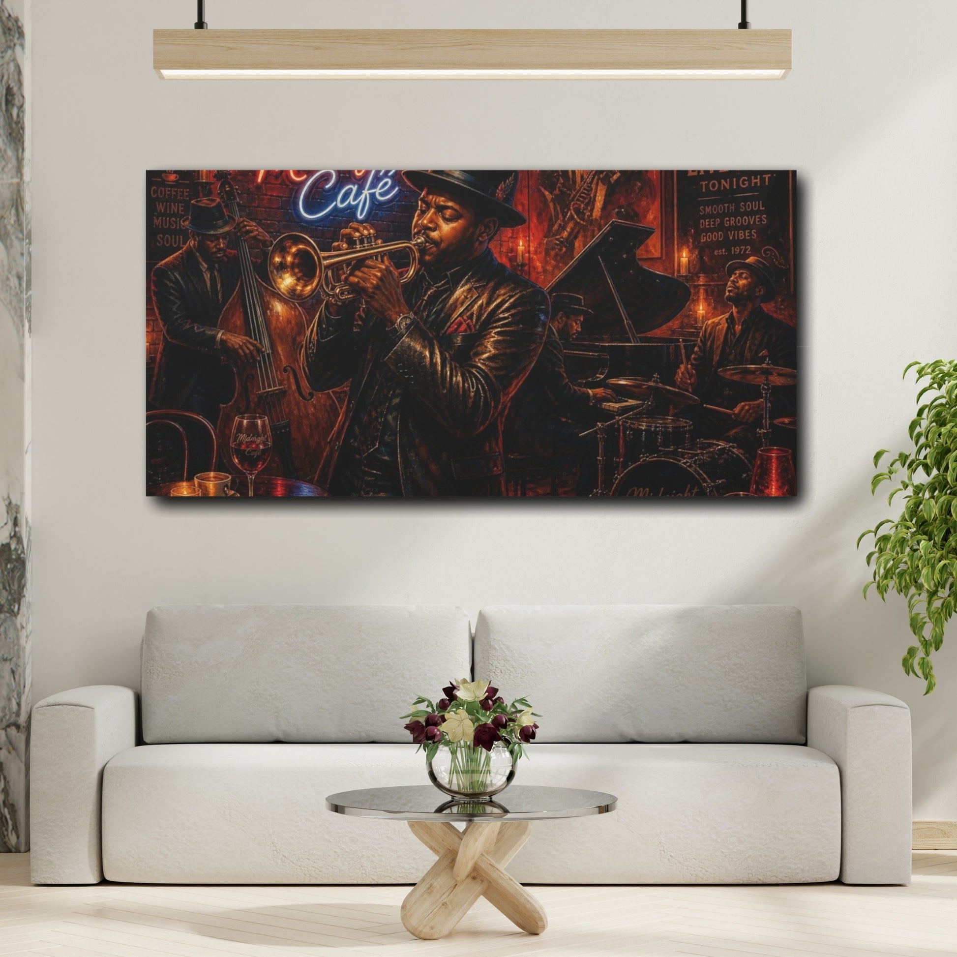 Mockup 2. Midnight Café Jazz Quartet shown as canvas print