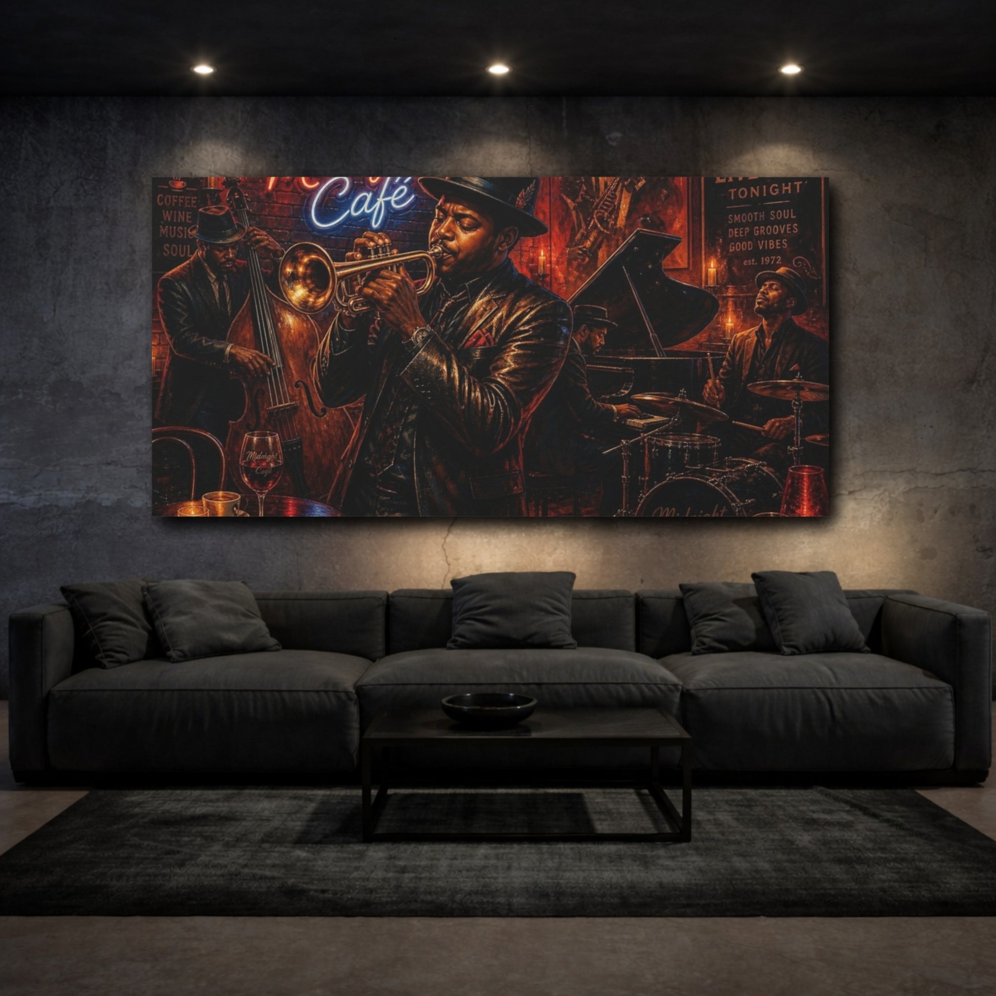 Mockup 3. Midnight Café Jazz Quartet shown as canvas print