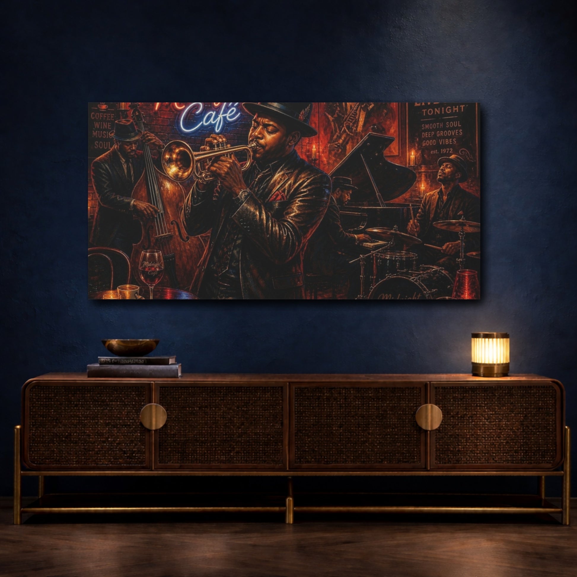 Mockup 4. Midnight Café Jazz Quartet shown as canvas print
