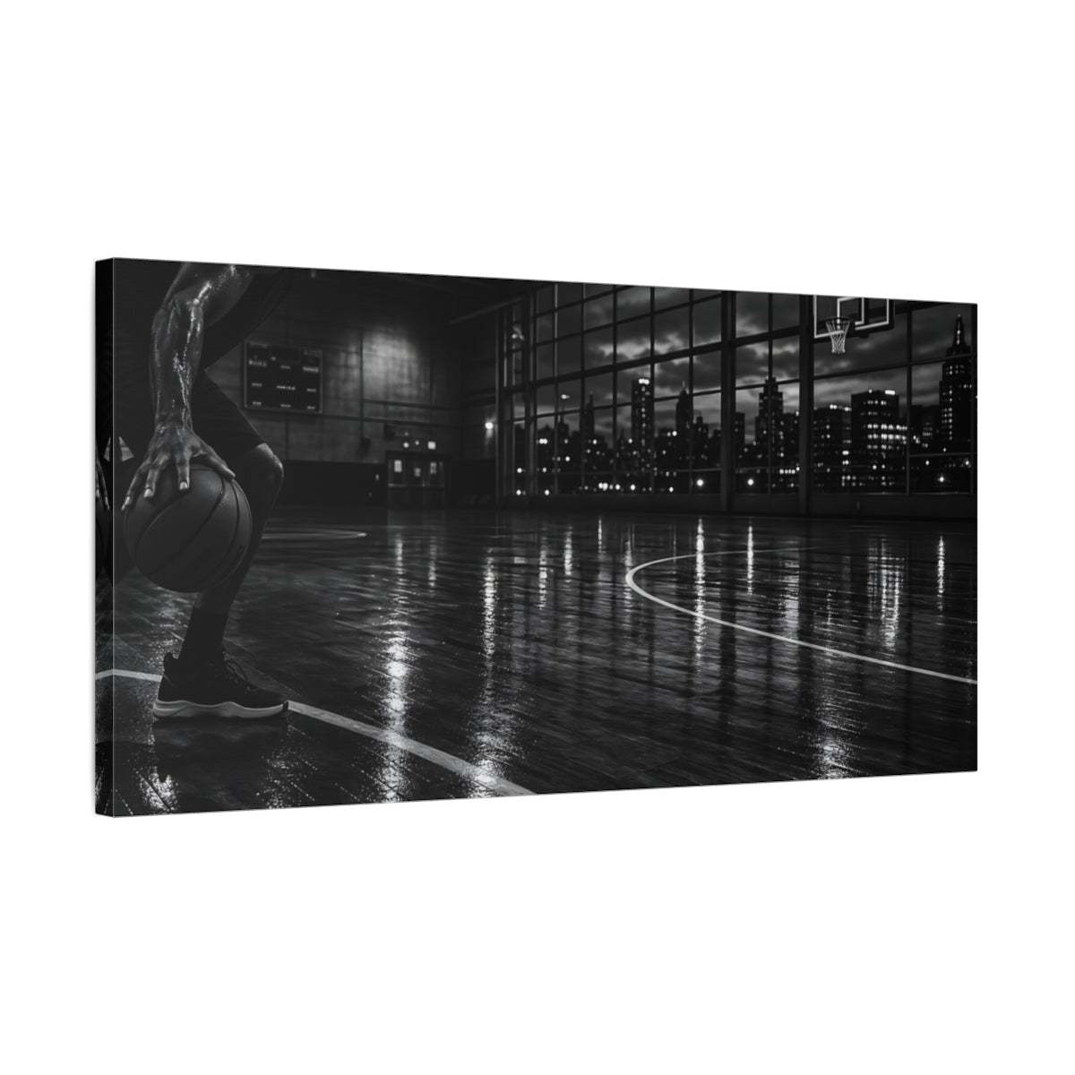 Side Mockup 1. Midnight Court Dribble shown as canvas print
