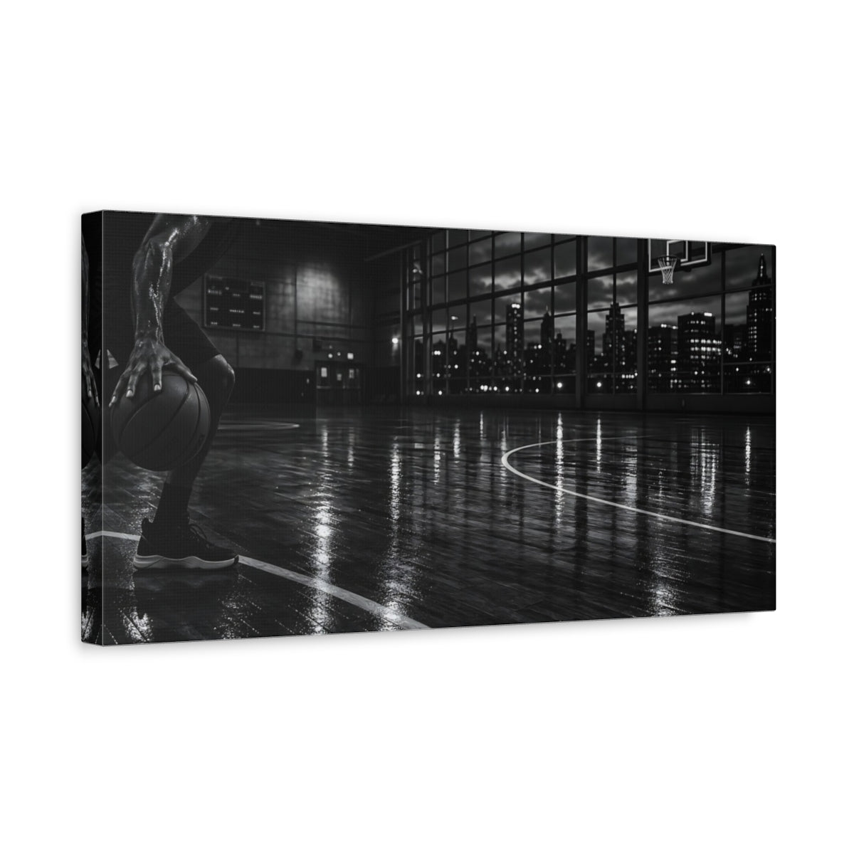 Side Mockup 3. Midnight Court Dribble shown as canvas print