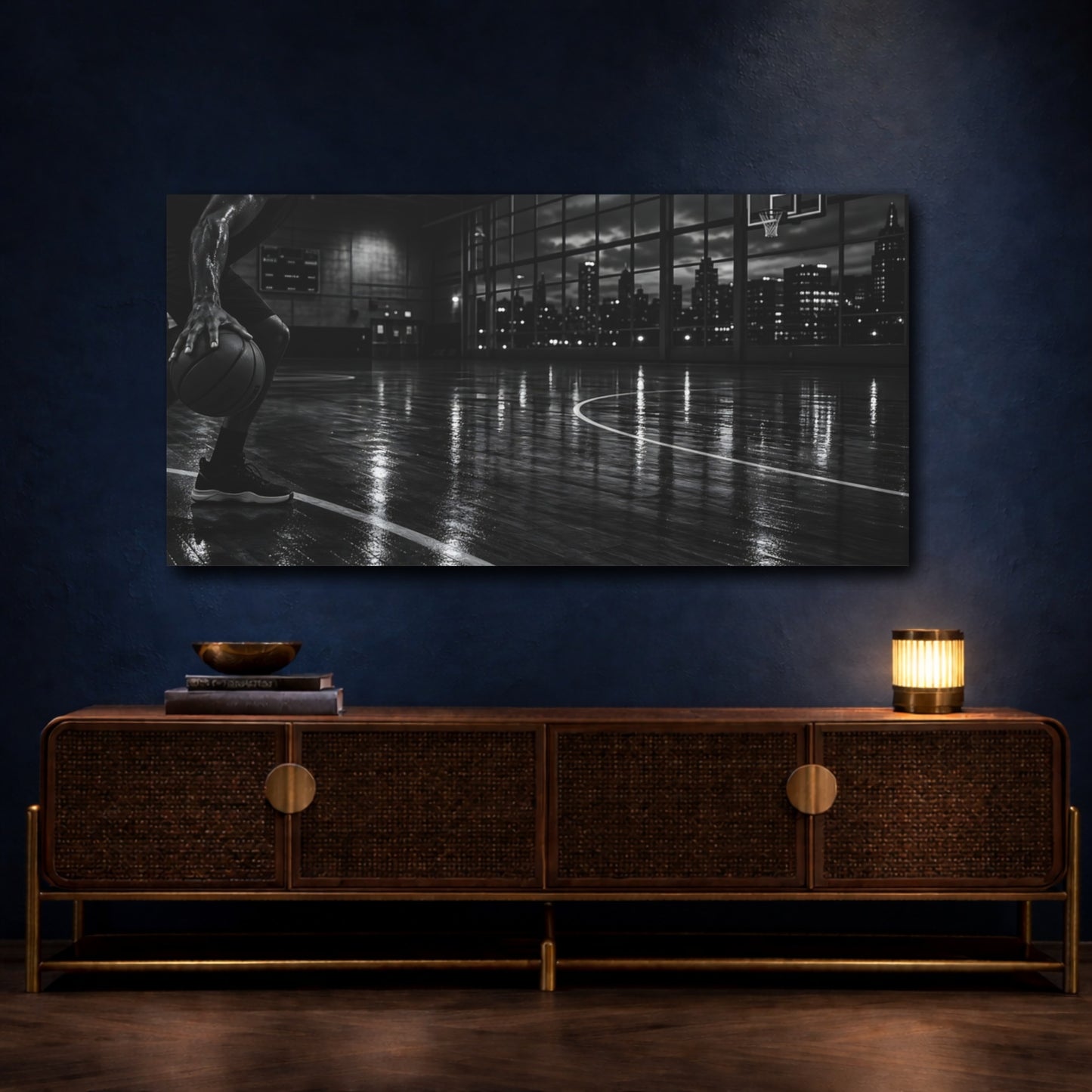 Mockup 4. Midnight Court Dribble shown as canvas print