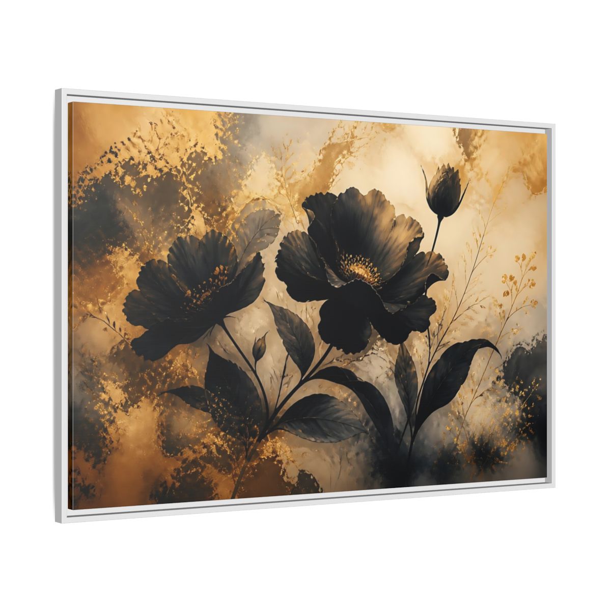 Side Mockup 7. Midnight Gold Blooms shown as framed canvas print