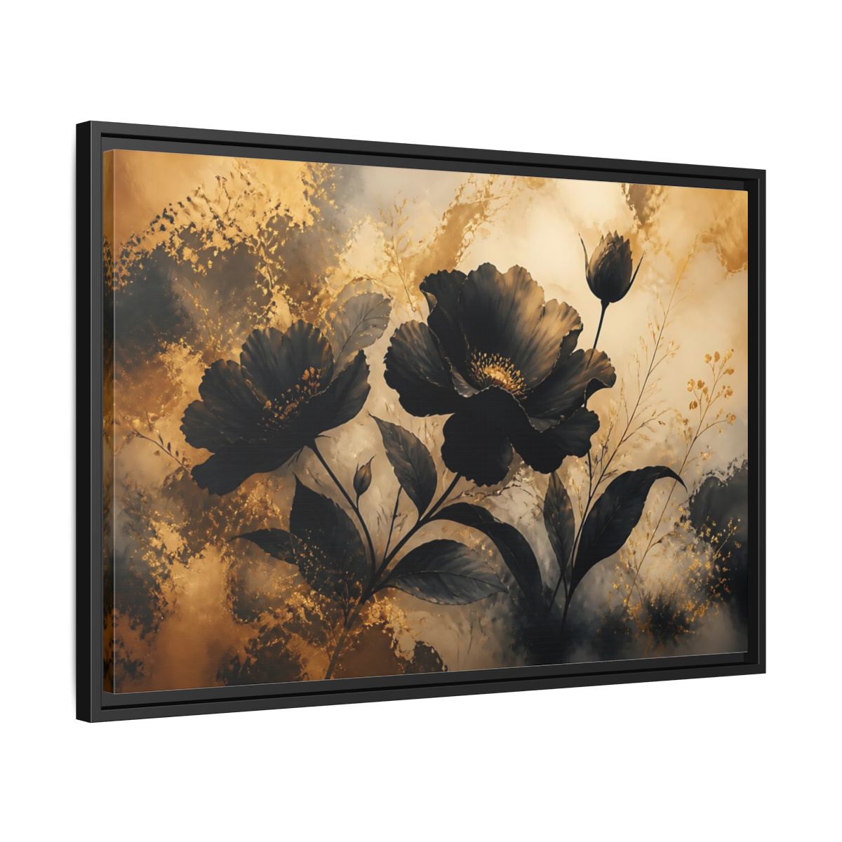 Side Mockup 14. Midnight Gold Blooms shown as framed canvas print
