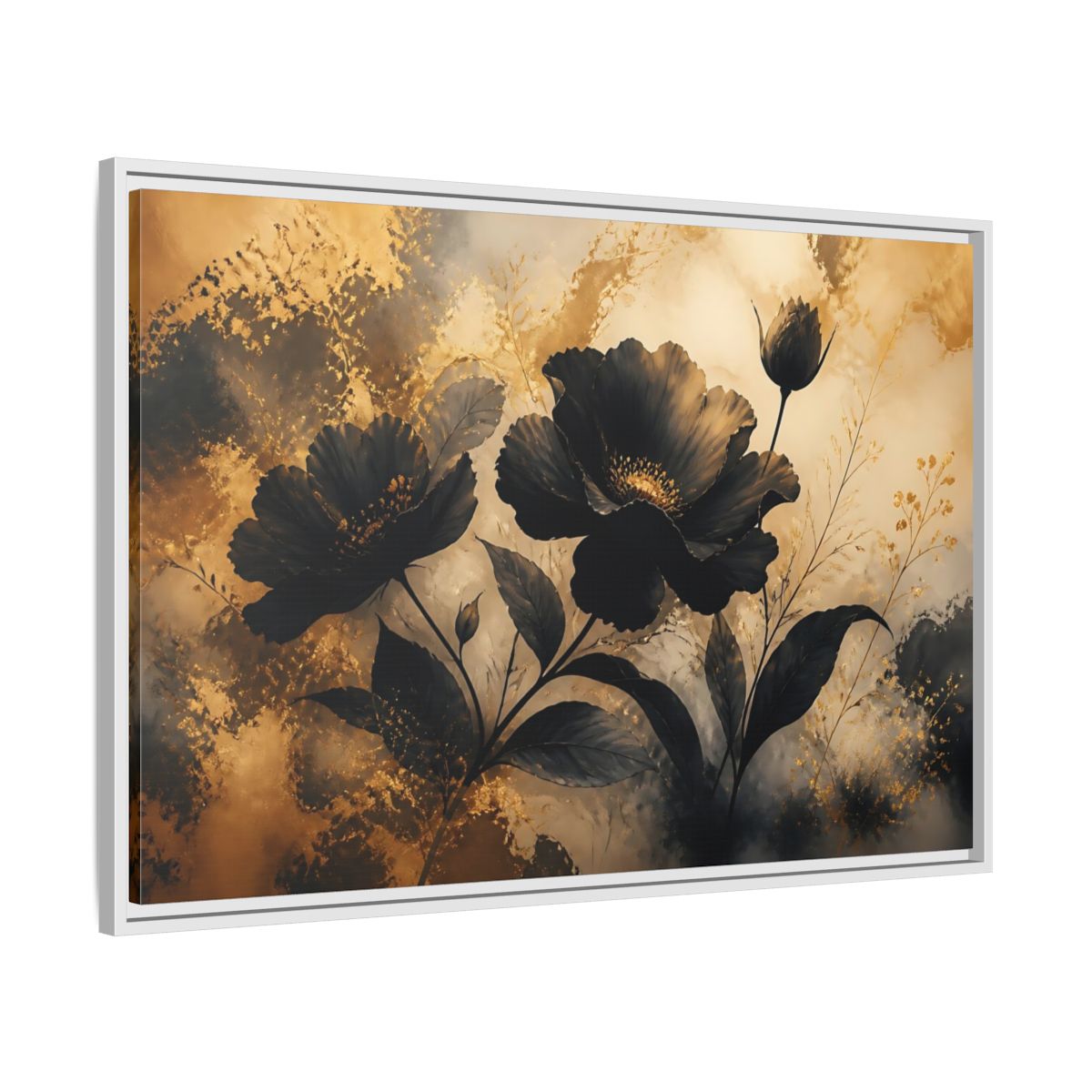 Side Mockup 9. Midnight Gold Blooms shown as framed canvas print