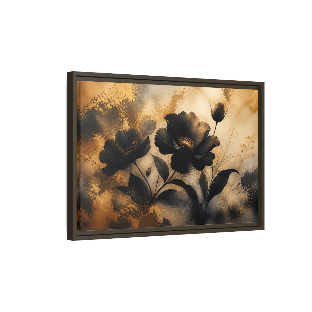 Side Mockup 2. Midnight Gold Blooms shown as framed canvas print