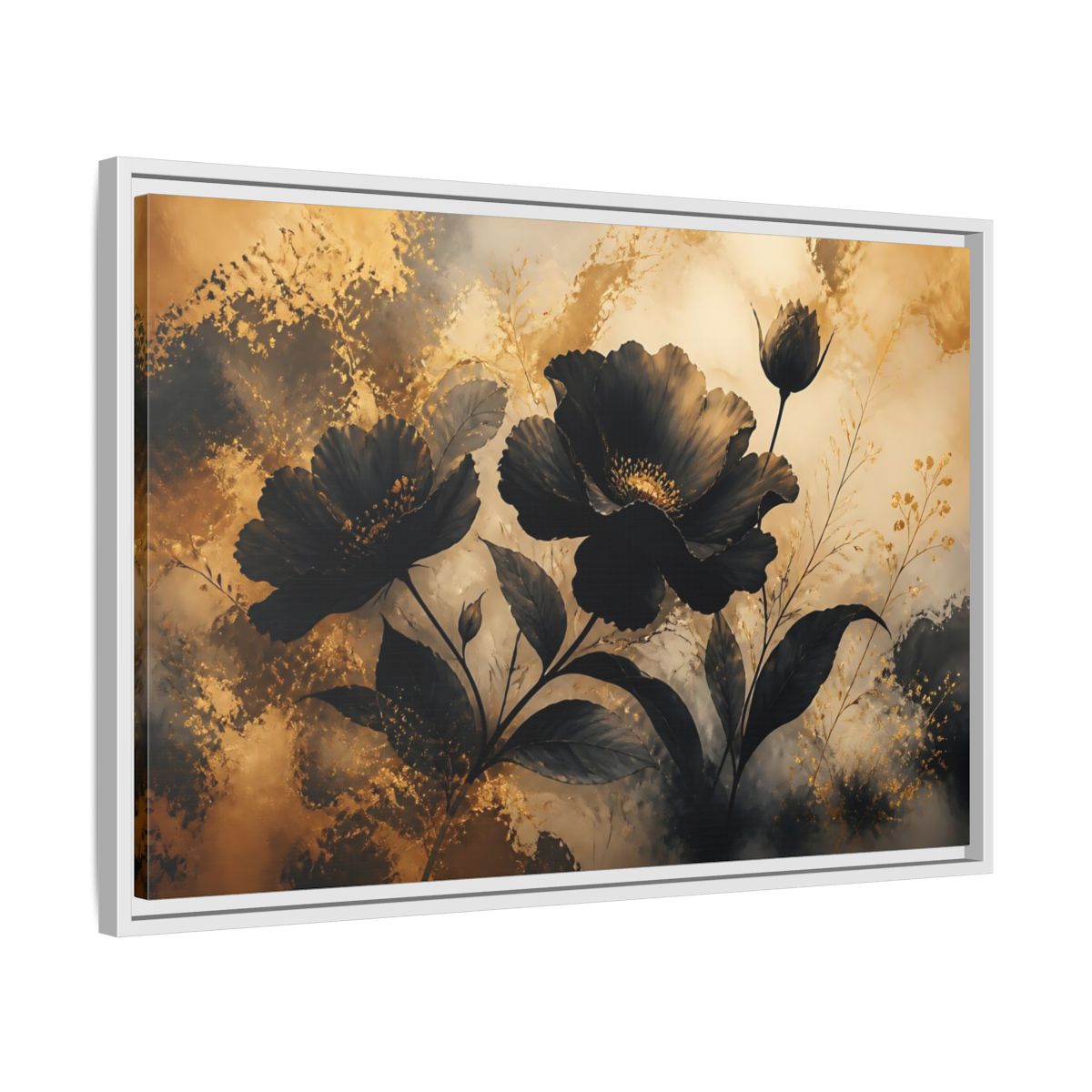 Side Mockup 10. Midnight Gold Blooms shown as framed canvas print