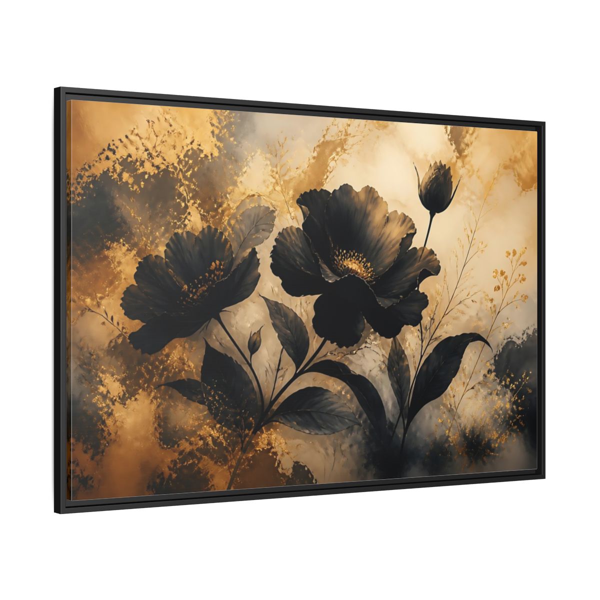 Side Mockup 12. Midnight Gold Blooms shown as framed canvas print